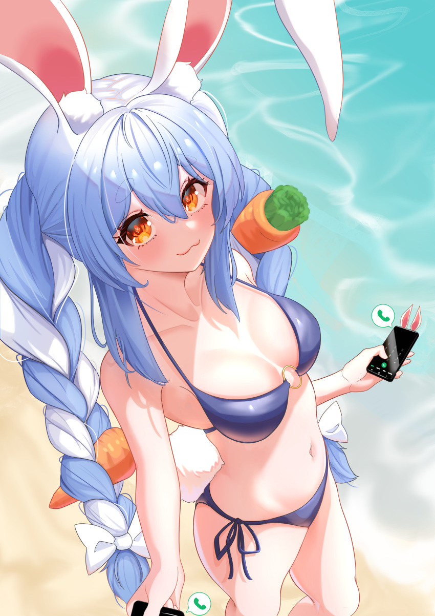 1girl :3 absurdres animal_ear_fluff animal_ears bangs beach bikini blue_bikini blue_hair blush braid breasts carrot_hair_ornament cellphone closed_mouth commentary_request day eyebrows_visible_through_hair food-themed_hair_ornament hair_between_eyes hair_ornament halter_top halterneck highres holding holding_phone hololive long_hair looking_at_viewer mcbox medium_breasts multicolored_hair o-ring o-ring_bikini orange_eyes outdoors phone rabbit_ears rabbit_girl rabbit_tail short_eyebrows side-tie_bikini smartphone solo standing swimsuit tail thick_eyebrows twin_braids twintails two-tone_hair usada_pekora virtual_youtuber white_hair