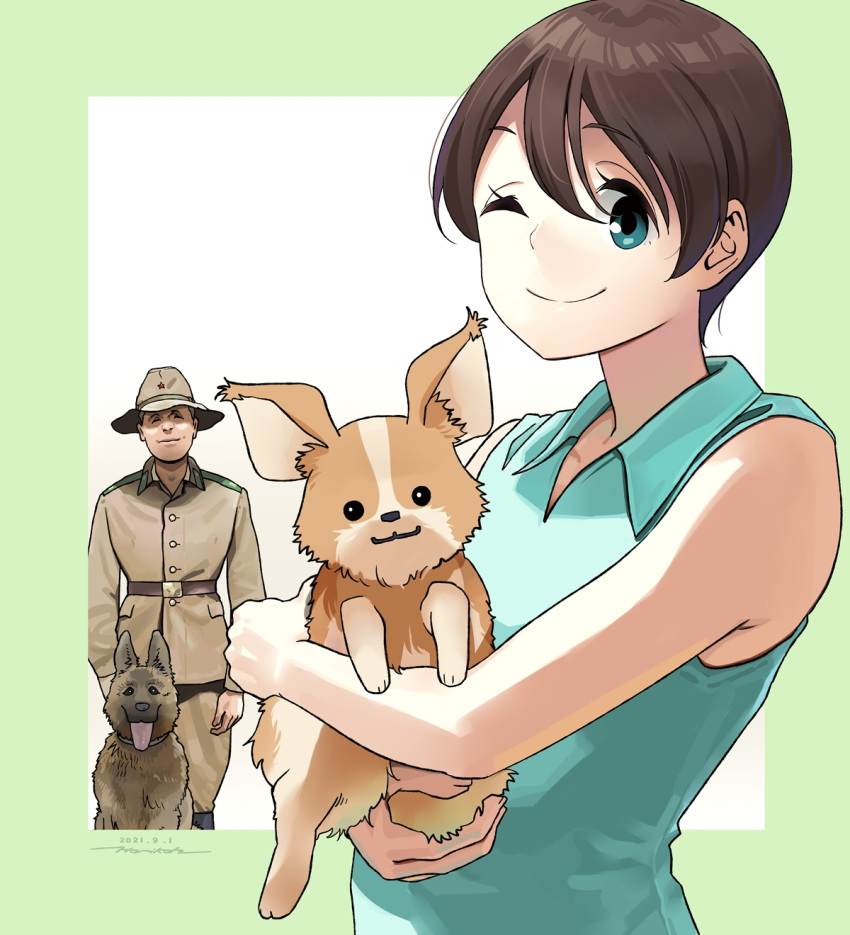 1boy 1girl animal blue_eyes blue_shirt brown_hair closed_eyes closed_mouth coat collared_shirt dated dog grey_coat hat highres holding holding_animal holding_dog horikou long_sleeves looking_at_viewer military military_uniform one_eye_closed saitou_ena shirt short_hair signature sleeveless sleeveless_shirt smile soldier soviet_army uniform wing_collar yurucamp