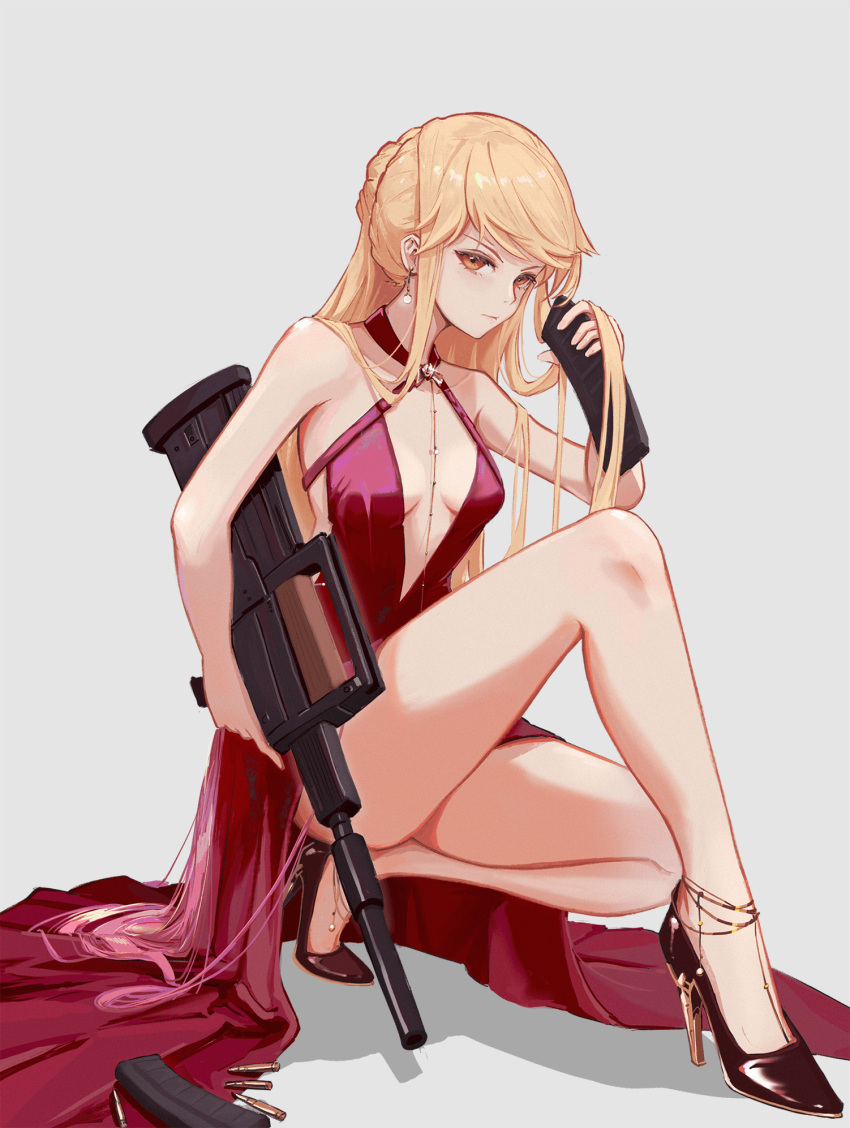 1girl bare_legs bare_shoulders black_footwear blonde_hair breasts bullet cartridge closed_mouth collarbone dress earrings eyebrows_visible_through_hair girls_frontline gun hair_ornament high_heels highres holding holding_weapon jewelry legs long_hair looking_at_viewer medium_breasts mo_geng necklace orange_eyes ots-14 ots-14_(girls'_frontline) red_dress rifle sitting solo thighs very_long_hair weapon white_background