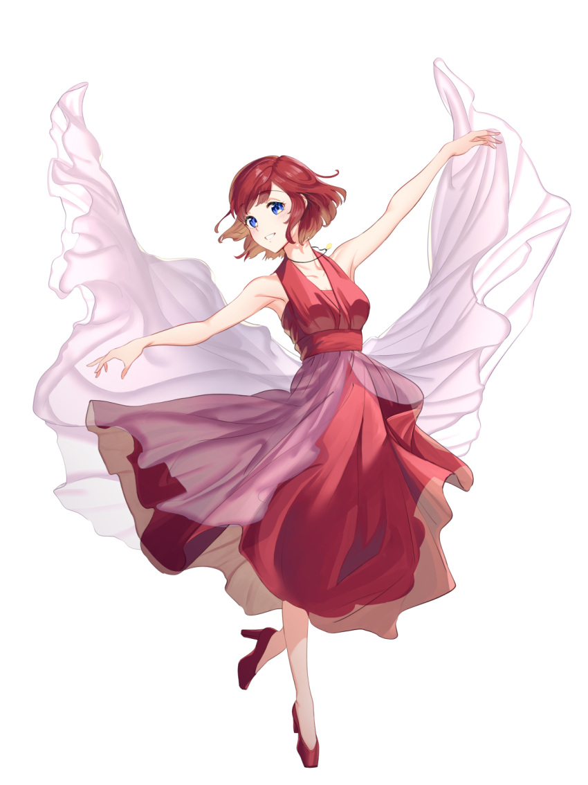 1girl blue_eyes dancing dress gogo_(detteiu_de) high_heels highres jewelry kairi_(kingdom_hearts) kingdom_hearts kingdom_hearts_iii looking_at_viewer necklace outstretched_arms red_dress red_footwear redhead shawl short_hair simple_background smile solo