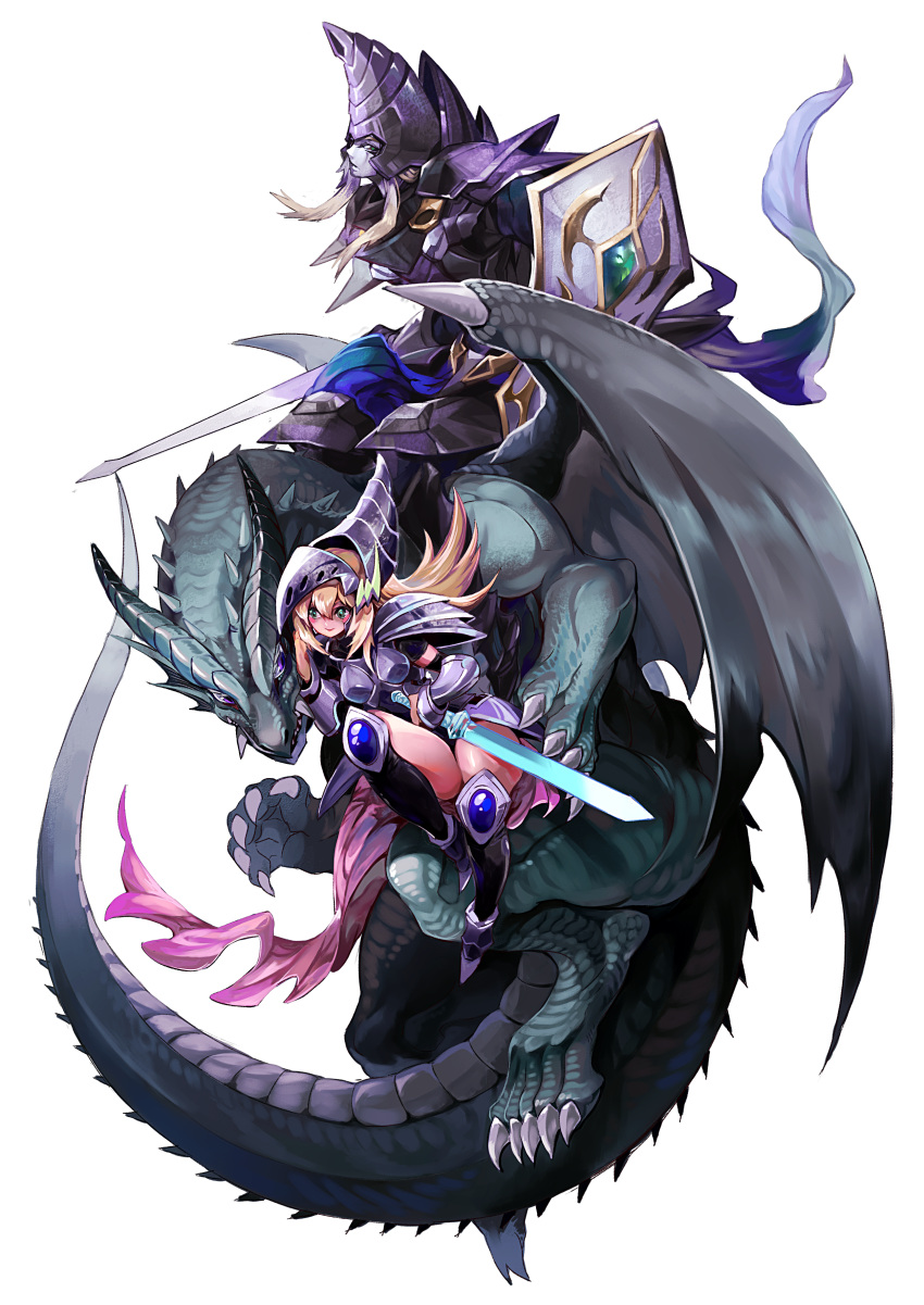 1boy 1girl absurdres armor armored_boots blonde_hair blush_stickers boots braces chinchira claws colored_skin dark_magician dark_magician_girl dark_magician_girl_the_dragon_knight dark_magician_the_dragon_knight dragon duel_monster greaves green_eyes grey_skin helmet highres holding holding_sword holding_weapon long_hair shield shoulder_armor simple_background smile sword the_eye_of_timaeus violet_eyes weapon white_background yu-gi-oh!