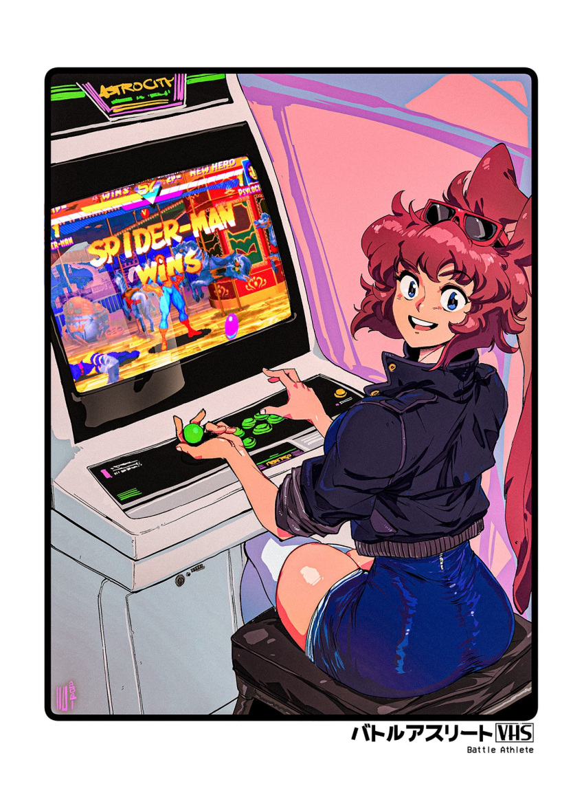 1990s_(style) 1girl animal_ears arcade_cabinet astro_city babs_(battle_athlete) blue_dress blue_eyes border borrowed_character breasts brown_hair copyright_name crossed_legs david_liu dress english_commentary eyewear_on_head fingernails from_behind highres jacket large_breasts leather leather_jacket looking_back marvel_super_heroes_vs._street_fighter playing_games rabbit_ears red-framed_eyewear retro_artstyle short_dress short_hair sitting smile solo stool sunglasses thigh-highs thighs turning_head upper_teeth very_long_ears video_game white_border white_legwear zettai_ryouiki