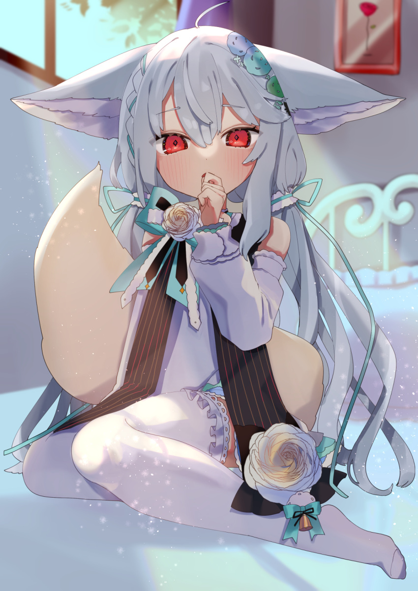 1girl ahoge animal_ear_fluff animal_ears bare_shoulders commentary_request commission ears_down fox_ears fox_girl fox_tail highres large_ears long_hair original red_eyes sakurada_shiro simple_background skeb_commission solo tail tamago_tyoko_(ijen0703) tied_hair very_long_hair white_background white_hair