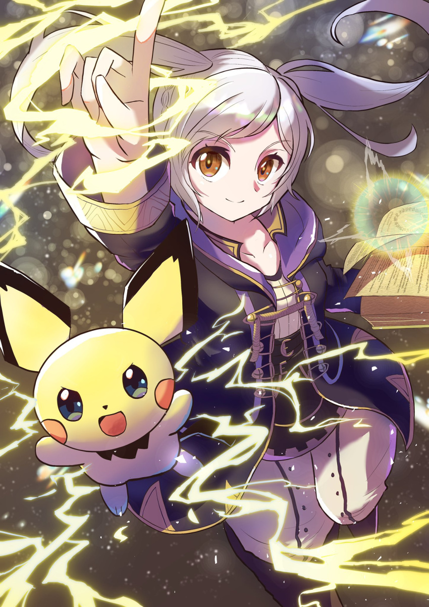 1girl blue_eyes book brown_eyes coat electricity highres hood hood_down looking_at_viewer norimaki_(nrmk_norinori) open_mouth pants pichu pointing pointing_up purple_coat robin_(fire_emblem) robin_(fire_emblem)_(female) smile super_smash_bros. twintails white_hair white_pants