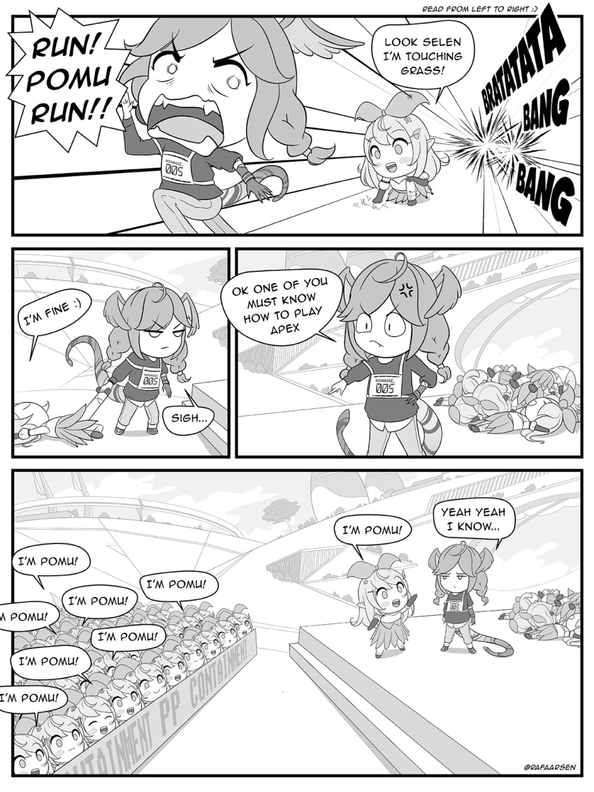 6+girls annoyed apex_legends braid chibi corpse english_commentary english_text fairy_wings fangs greyscale hair_behind_ear hair_ribbon head_wings high-waist_skirt highres in-universe_location monochrome multiple_girls nijisanji nijisanji_en olympus_(apex_legends) open_mouth pile pointy_ears pomu_rainpuff rafa_arsen ribbon running selen_tatsuki skirt smile speech_bubble sweater tail twin_braids v-shaped_eyebrows virtual_youtuber wings