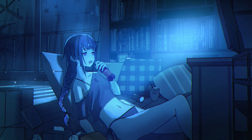 1girl absurdres bare_shoulders bottle braid braided_ponytail couch drink dzks5425 genshin_impact half-closed_eyes highres hikikomori holding holding_drink indoors light_rays navel night off_shoulder open_clothes open_mouth open_shirt panties pillow purple_hair raiden_shogun shelf shirt sitting solo television underwear violet_eyes watching_television