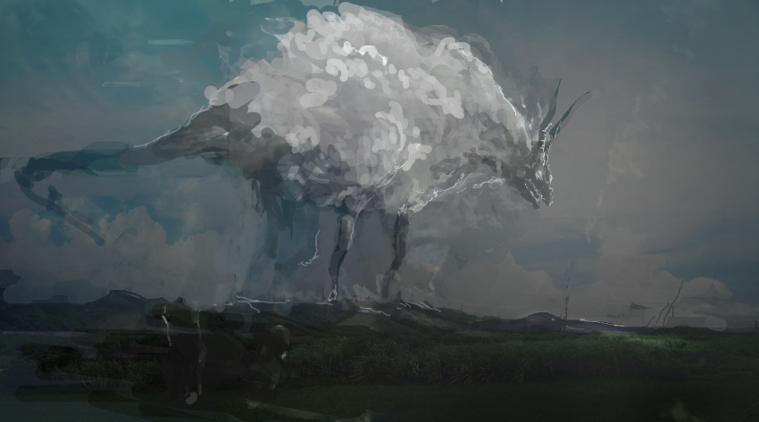 creature dragon eastern_dragon floating highres horns landscape monster nekoprogram one-hour_drawing_challenge original outdoors sky