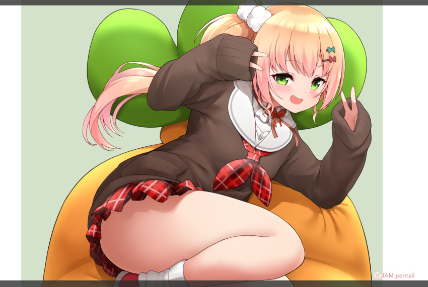 1girl :d blonde_hair blush brown_sweater carrot double_v gradient_hair green_eyes hair_ornament hairclip highres hololive jampen long_hair looking_at_viewer miniskirt momosuzu_nene multicolored_hair open_mouth pink_hair plaid plaid_neckwear plaid_skirt red_footwear red_skirt side_ponytail skirt sleeves_past_wrists smile socks solo sweater thighs v virtual_youtuber white_legwear