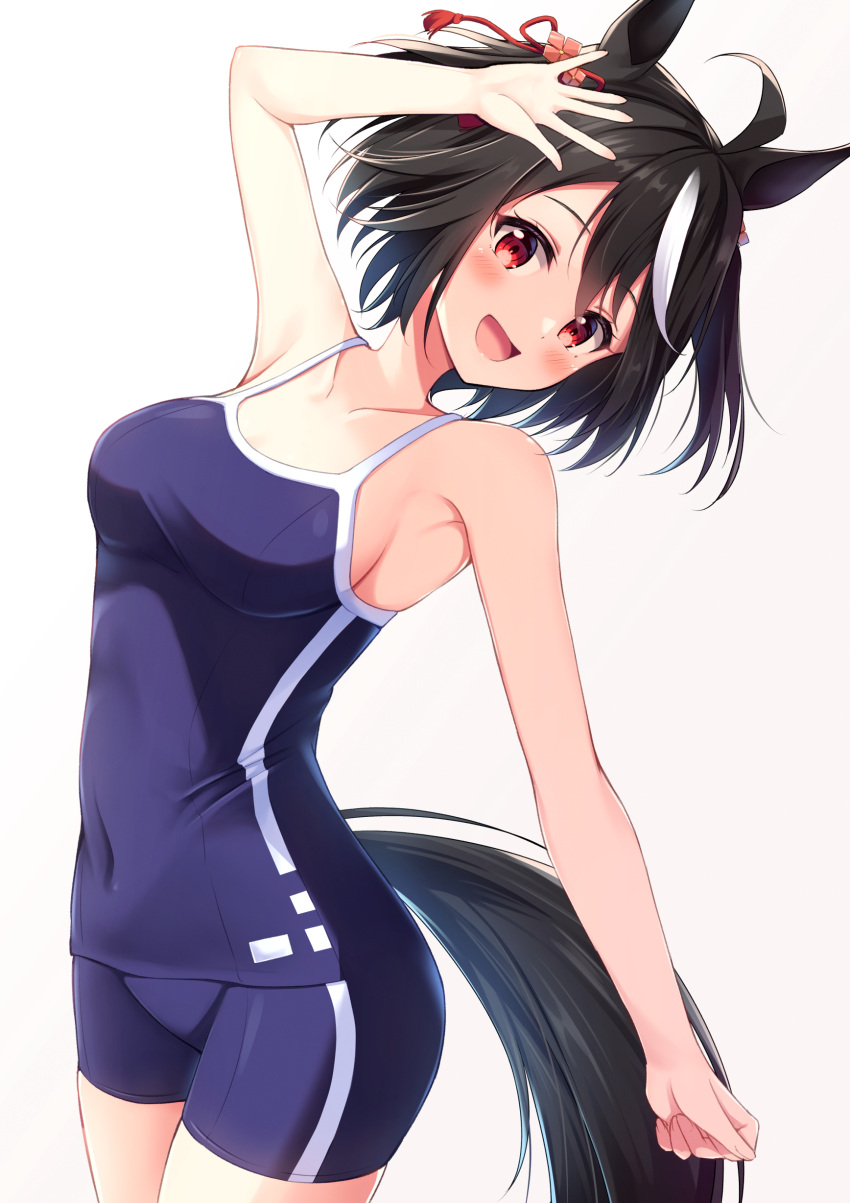 1girl absurdres animal_ears arm_up armpits blush breasts collarbone commentary_request highres horse_ears horse_tail kitasan_black_(umamusume) looking_at_viewer medium_breasts miso_(misomiso_154) open_mouth red_eyes school_swimsuit short_hair simple_background solo swimsuit tail umamusume white_background