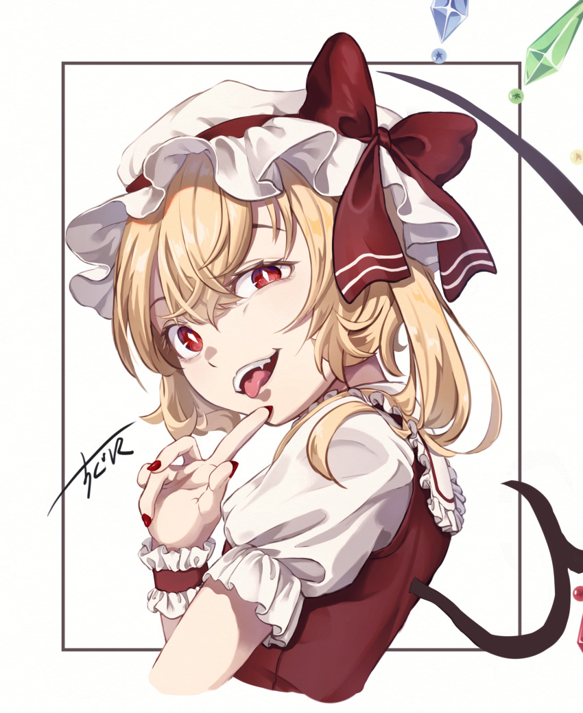 1girl bangs blonde_hair crystal eye_reflection fangs fingernails flandre_scarlet frilled_cuffs frilled_shirt_collar frilled_sleeves frills from_side hair_between_eyes hat hat_ribbon highres looking_at_viewer looking_to_the_side mob_cap red_eyes red_nails red_ribbon red_vest reflection ribbon sharp_fingernails shiny shiny_hair shirt short_hair side_ponytail signature slit_pupils solo suguni teeth tongue tongue_out touhou upper_body vest white_headwear white_shirt wings