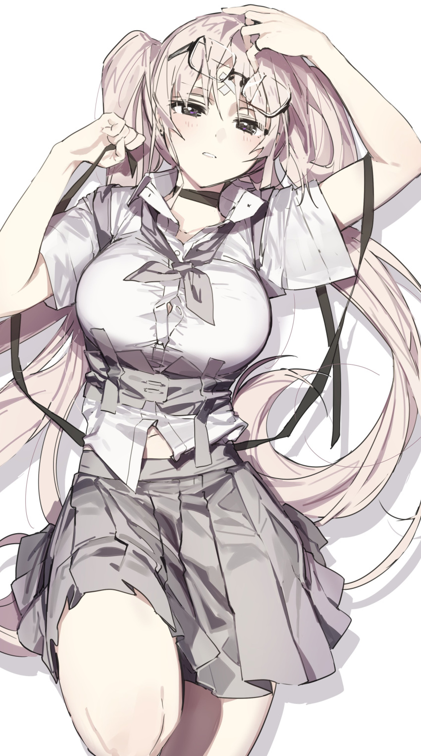 1girl absurdres bandaid bandaid_on_forehead black_choker black_eyes black_ribbon blush breasts button_gap choker collared_shirt corset crossed_bandaids eyewear_on_head grey_neckwear grey_skirt hand_in_hair hands_up highres knee_up large_breasts long_hair looking_at_viewer lying midriff_peek navel neckerchief on_back original parted_lips pink_hair pleated_skirt ribbon shadow shirt short_sleeves skirt solo taut_clothes taut_shirt twintails very_long_hair wattaro white_background white_shirt