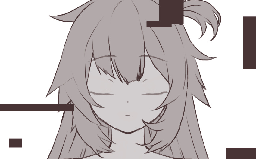 1girl akai_haato bangs bow closed_eyes commentary glitch hair_bow hair_ornament hairclip hololive long_hair monochrome neck_stitches oshiruko_(oshiruco_212048) simple_background solo thumbnail_surprise virtual_youtuber