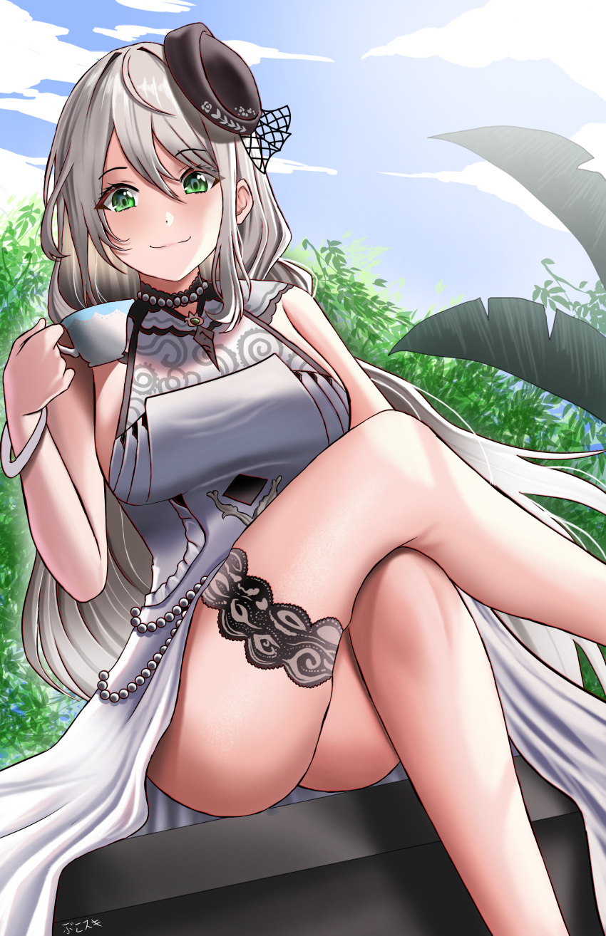 1girl absurdres aquila_(azur_lane) azur_lane black_hair blue_sky breasts bukowiski commentary_request crossed_legs cup day dress dutch_angle green_eyes grey_hair highres holding holding_cup large_breasts long_hair outdoors sitting sky smile solo thighs tilted_headwear upskirt very_long_hair white_dress