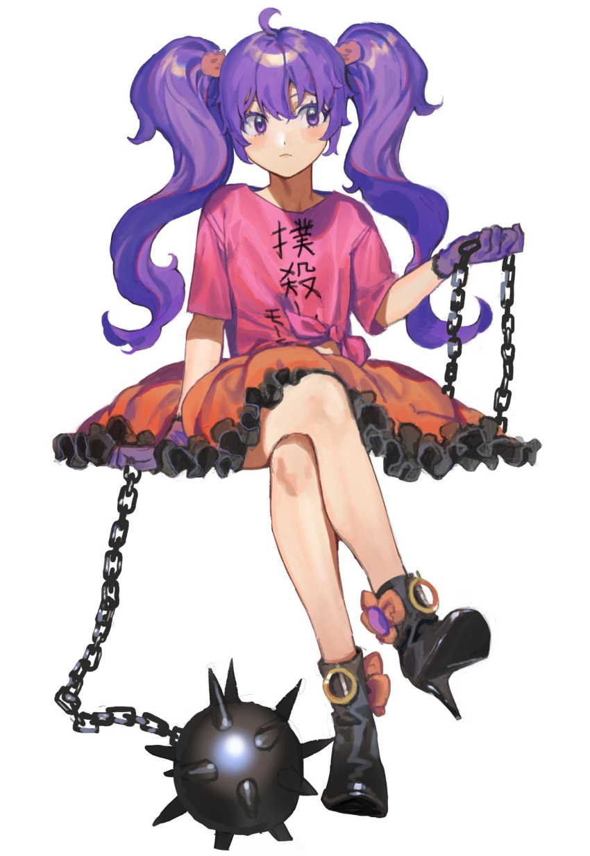 1girl ball_and_chain_(weapon) black_footwear crossed_legs facing_viewer frilled_skirt frills full_body gloves high_heels highres holding holding_weapon invisible_chair ka_4maki long_hair orange_skirt original pink_shirt purple_gloves purple_hair shirt simple_background sitting skirt solo t-shirt twintails violet_eyes weapon white_background