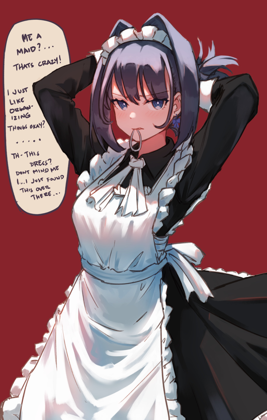 1girl absurdres alternate_costume apron bangs black_dress blue_eyes blush bow bow_earrings collared_dress dress earrings english_text eyebrows_visible_through_hair frilled_apron frills hair_intakes hair_tie highres hololive jewelry jl_tan long_sleeves looking_at_viewer maid_headdress mouth_hold neck_ribbon ouro_kronii parted_lips purple_bow purple_hair red_background ribbon short_hair simple_background solo speech_bubble tying_hair virtual_youtuber white_apron white_neckwear white_ribbon