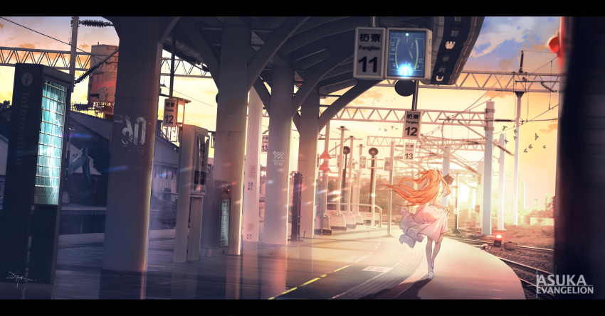 1girl absurdres back bare_shoulders clouds dress full_body high_heels highres holding holding_clothes holding_dress huge_filesize long_hair neon_genesis_evangelion nido_(sebamaster) orange_hair orange_sky outdoors scenery sky solo souryuu_asuka_langley sunset train_station twintails white_dress