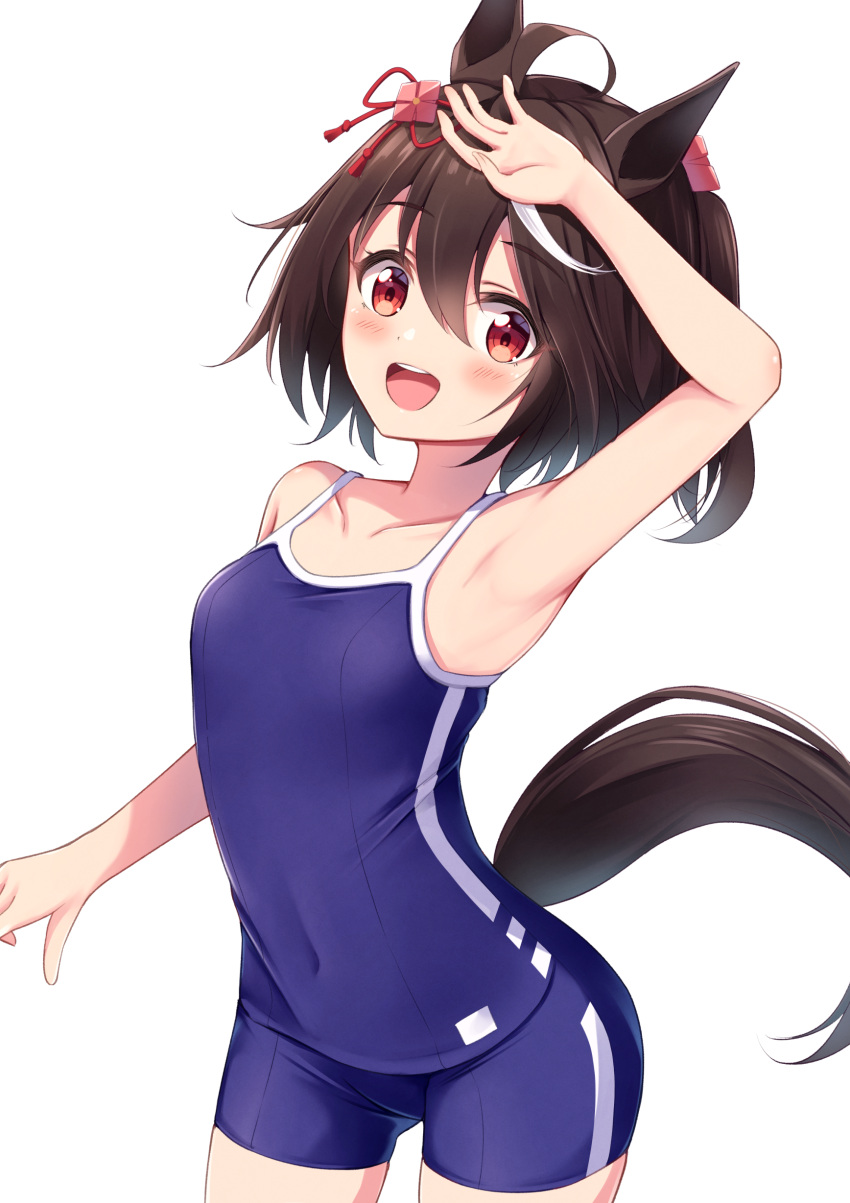 1girl absurdres animal_ears arm_up armpits blush breasts collarbone commentary_request hair_between_eyes highres horse_ears horse_tail kitasan_black_(umamusume) looking_at_viewer medium_breasts miso_(misomiso_154) open_mouth red_eyes school_swimsuit short_hair simple_background solo swimsuit tail umamusume white_background younger