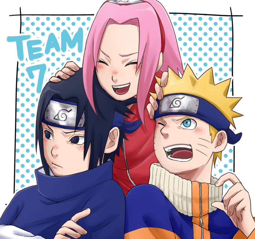 1girl 2boys :d black_eyes black_hair blonde_hair blue_eyes blue_shirt blush closed_eyes closed_mouth crossed_arms forehead forehead_protector haruno_sakura highres jacket long_hair multiple_boys naruto naruto_(series) ninja open_mouth orange_jacket pink_hair pinoko_(pnk623) red_shirt shirt short_hair smile team7 teeth uchiha_sasuke uzumaki_naruto