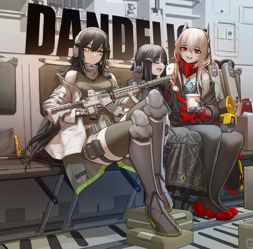 3girls absurdres anna_(girls'_frontline) assault_rifle black_hair blonde_hair cheogtanbyeong cosplay dandelion_(girls'_frontline) eyeliner girls_frontline gun highres m4_carbine m4_sopmod_ii_(girls'_frontline) m4a1_(girls'_frontline) m4a1_(girls'_frontline)_(cosplay) makeup multiple_girls red_eyes rifle smile weapon yellow_eyes