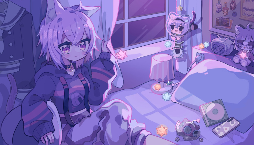 1girl aeruusa animal_ear_fluff animal_ears bangs black_hoodie cat_ears cat_girl cd_case clock curtains eyebrows_visible_through_hair grey_pants highres hololive hololive_gamers hood hoodie inugami_korone keychain lantern nekomata_okayu onigirya_(nekomata_okayu) ookami_mio pants shirakami_fubuki short_hair sitting solo suspenders sweatpants violet_eyes virtual_youtuber