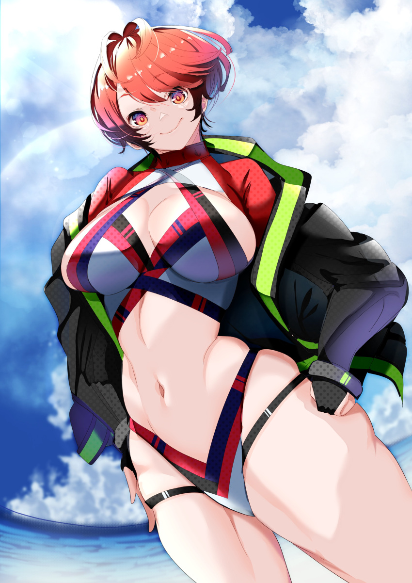 absurdres bangs bikini black_jacket breasts cleavage_cutout clothing_cutout clouds eyebrows_visible_through_hair head_tilt highres jacket large_breasts looking_at_viewer ocean original red_bikini red_eyes redhead sakusakusakurai short_hair sideboob skindentation sky smile swimsuit thigh_strap