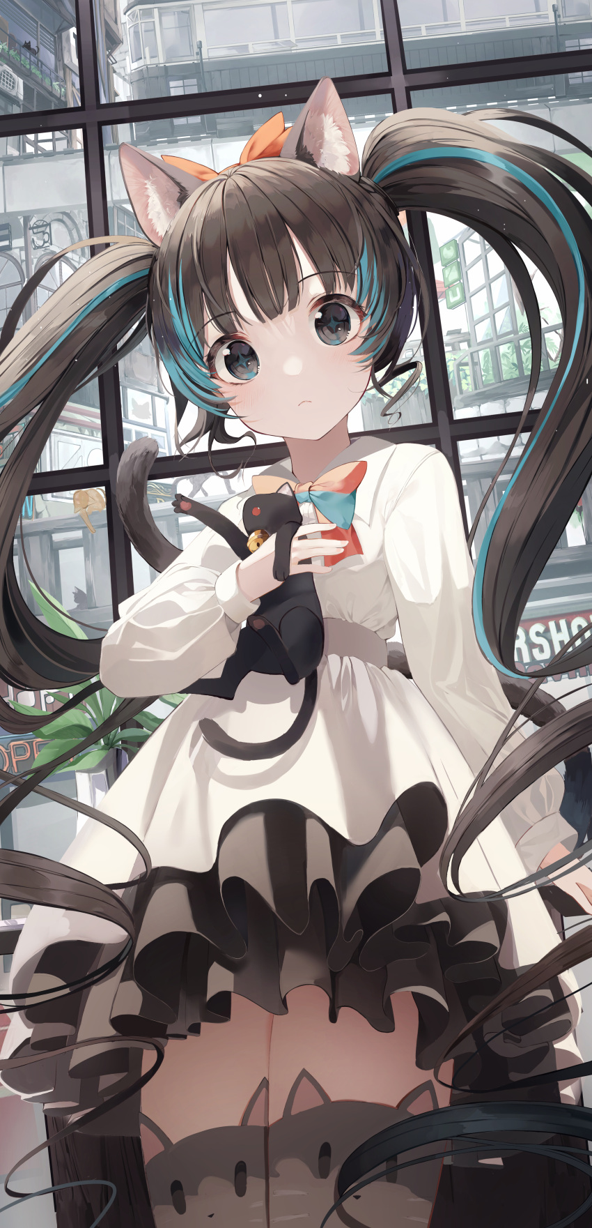 +_+ 1girl absurdres animal animal_ear_legwear animal_ears animal_ears_(artist) black_cat black_eyes black_hair blue_hair bow brown_legwear cat cat_ear_legwear cat_ears cat_girl cat_tail closed_mouth collared_dress commentary_request dress hair_bow highres huge_filesize indoors long_hair looking_at_viewer multicolored_hair orange_bow original solo streaked_hair tail tail_raised thigh-highs twintails very_long_hair white_dress window