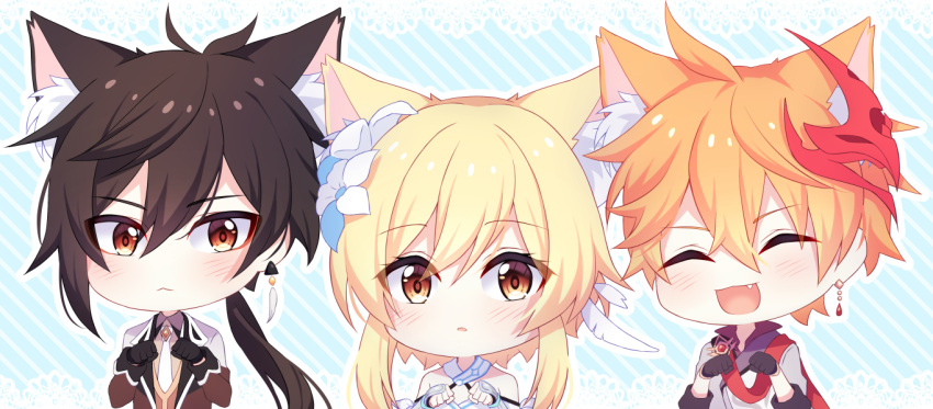 1girl 2boys :d ^_^ ^o^ ahoge animal_ears arm_guards bangs black_gloves black_hair blonde_hair brown_coat brown_eyes cat_ears chibi closed_eyes coat commentary detached_sleeves dress earrings english_commentary eyebrows_visible_through_hair flower genshin_impact gloves hair_between_eyes hair_flower hair_ornament jewelry kemonomimi_mode kitsuneco long_hair long_sleeves looking_at_viewer low_ponytail lumine_(genshin_impact) mask mask_on_head multiple_boys necktie open_mouth orange_hair parted_lips paw_pose red_scarf scarf short_hair short_hair_with_long_locks sidelocks smile tartaglia_(genshin_impact) white_dress white_scarf yellow_eyes zhongli_(genshin_impact)