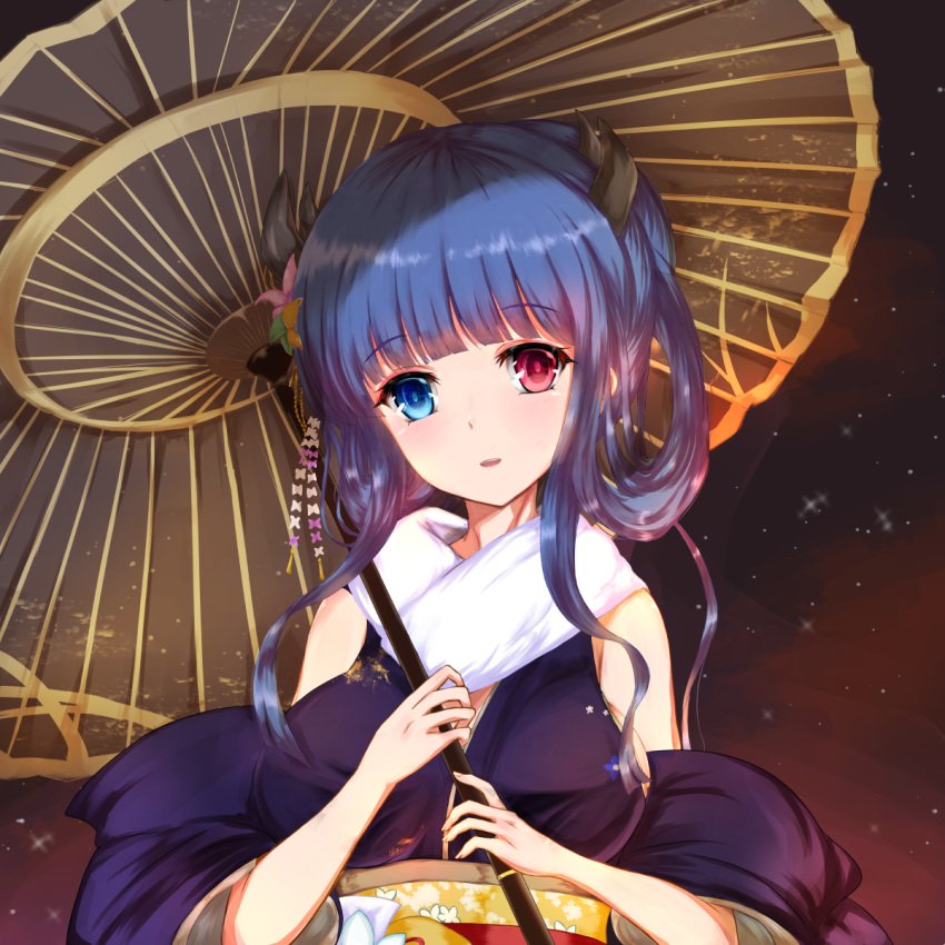 1girl alternate_costume alternate_hairstyle azur_lane bangs blue_hair blunt_bangs commentary_request detached_sleeves eyebrows_visible_through_hair fur_scarf habu_rin hair_ornament heterochromia highres holding holding_umbrella horns ibuki_(azur_lane) ibuki_(winter_sylph's_reverie)_(azur_lane) japanese_clothes long_hair looking_at_viewer multiple_horns night night_sky obi oil-paper_umbrella parted_lips sash sidelocks sky smile solo star_(sky) starry_sky umbrella wide_sleeves
