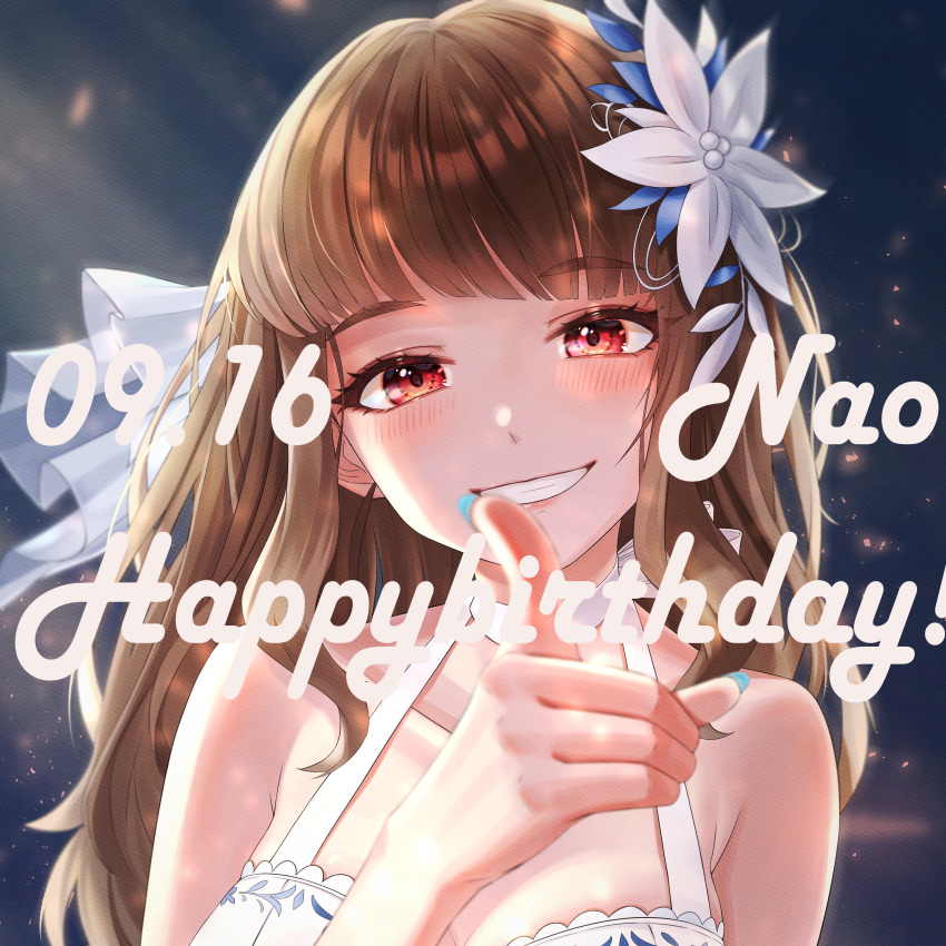 1girl :d absurdres armpit_crease bangs bare_shoulders blunt_bangs blush brown_hair cropped dated dress flower foreshortening grin hair_flower hair_ornament halterneck happy_birthday hear_(kpmf4732) highres huge_filesize idolmaster idolmaster_cinderella_girls kamiya_nao nail_polish open_mouth pointing pointing_at_viewer red_eyes sleeveless sleeveless_dress smile solo straight_hair upper_body