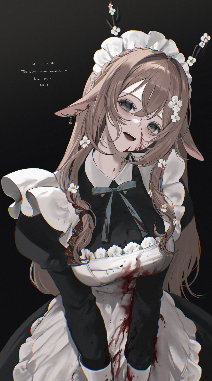 1girl :d absurdres animal_ears apron bangs black_dress black_eyes blood blood_on_clothes blood_on_face blue_bow bow braid breasts brown_hair commission cowboy_shot deer_antlers deer_ears deer_girl dress flower hair_between_eyes hair_flower hair_ornament highres huge_filesize indie_virtual_youtuber juliet_sleeves large_breasts long_hair long_sleeves looking_at_viewer lunia_(vtuber) maid maid_apron maid_headdress open_mouth psd_available puffy_sleeves second-party_source skeb_commission smile solo standing v_arms virtual_youtuber white_apron white_flower yandere youichi_(45_01)