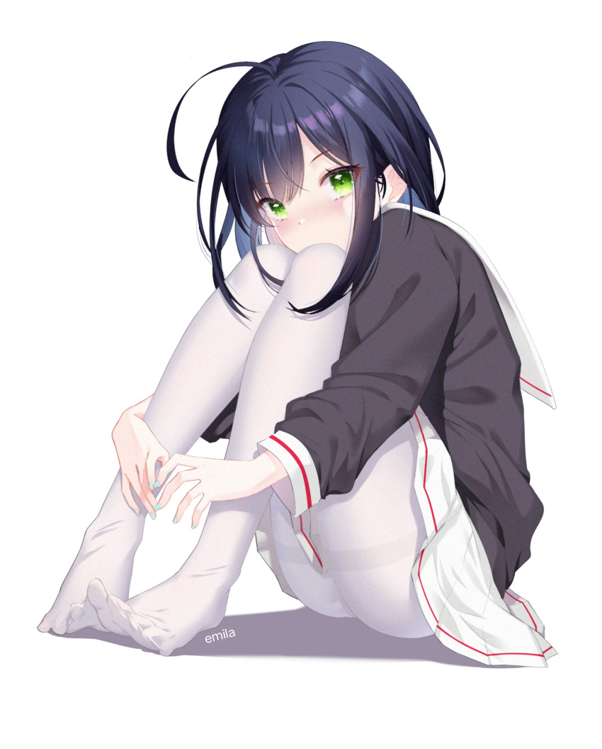 1girl ahoge artist_name black_hair black_shirt covered_mouth emila_a1 feet green_eyes hands_together highres knees_on_chest knees_up legs looking_at_viewer nail_polish original pantyhose school_uniform see-through serafuku shirt short_hair simple_background sitting skirt solo thighband_pantyhose thighs toes white_background white_legwear white_skirt