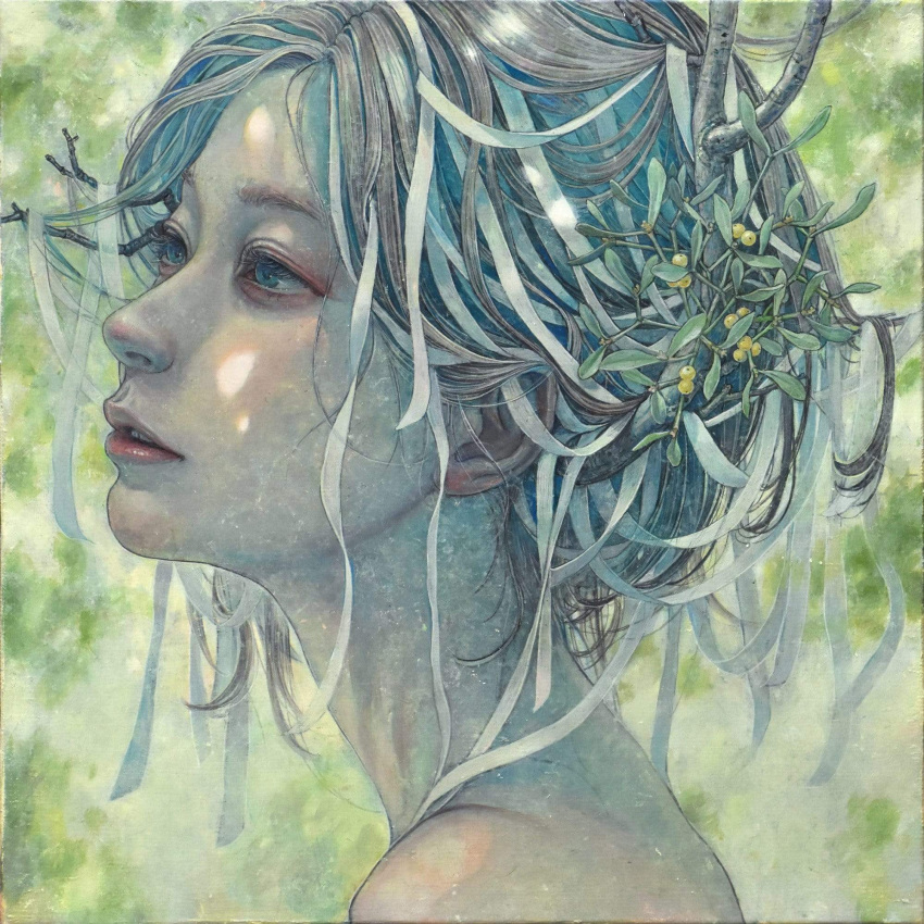 1girl berry commentary ears english_commentary eyelashes eyeshadow face from_side highres hirano_miho leaf lips looking_away makeup nose nostrils oil_painting_(medium) original painting_(medium) parted_lips profile solo traditional_media
