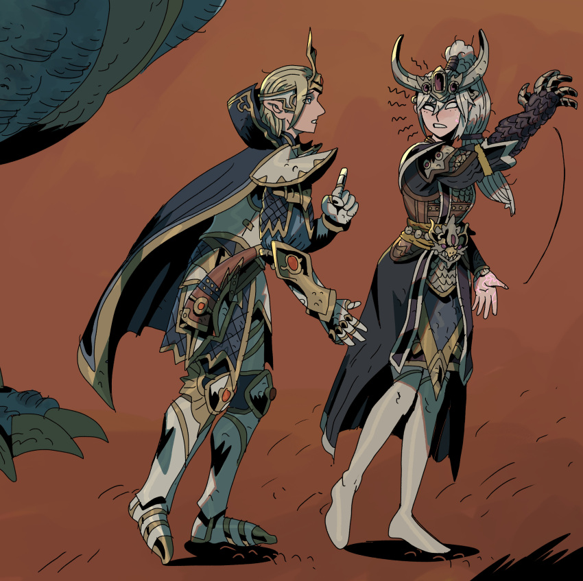 1boy 1girl armor blush boots cape character_request dragon gauntlets headwear high_elf highres ho-uja pointy_ears total_war total_war:_warhammer total_war:_warhammer_2 warhammer_fantasy white_eyes