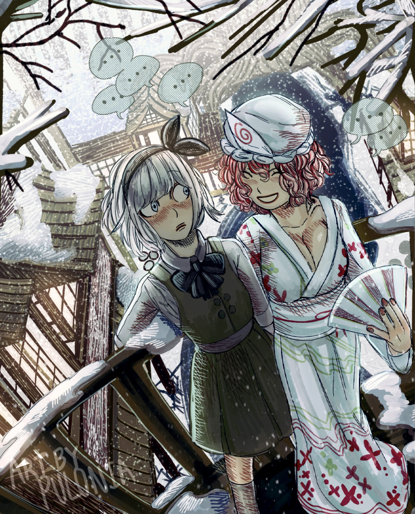 ... absurdres architecture black_bow blue_kimono bow bowtie branch breasts bridge closed_eyes east_asian_architecture expressionless hand_fan hat highres japanese_clothes kimono large_breasts mob_cap perfect_cherry_blossom pink_hair pulonia saigyouji_yuyuko shirt short_hair silver_hair small_breasts smile snow snowing speech_bubble talking touhou tree triangular_headpiece white_legwear white_shirt winter