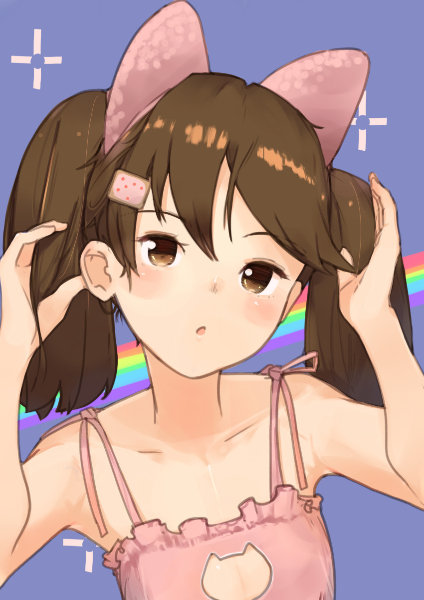 1girl :o absurdres alternate_costume animal_ears bangs blush bra brown_eyes brown_hair cat_cutout cat_ears cat_lingerie clothing_cutout co_botan fake_animal_ears flat_chest hair_ornament hairclip highres kantai_collection long_hair looking_at_viewer meme_attire parted_lips pink_bra rainbow ryuujou_(kancolle) simple_background solo sparkle twintails underwear upper_body