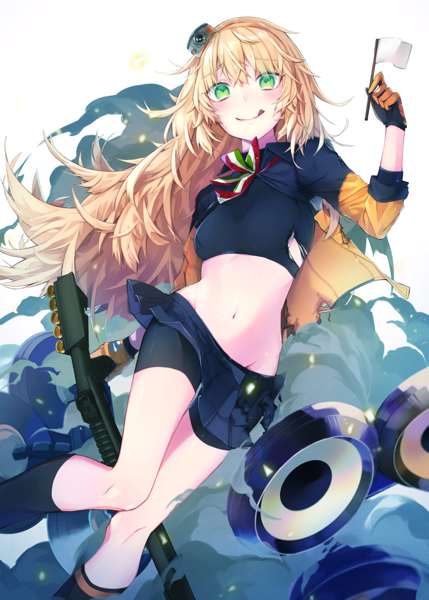 1girl :q absurdres bike_shorts blonde_hair blush commentary_request fang flag girls_frontline green_eyes gun hairband highres jacket long_hair looking_at_viewer navel pleated_skirt revision s.a.t.8_(girls'_frontline) sakana-ko shorts shorts_under_skirt shotgun simple_background skirt smoke solo stomach tongue tongue_out torn_clothes two-tone_gloves weapon white_background white_flag