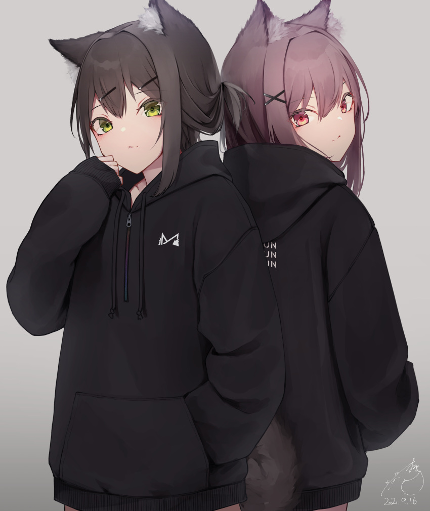 2girls absurdres animal_ear_fluff animal_ears bangs black_hoodie blush brown_hair closed_mouth clothes_writing commentary_request dated drawstring eyebrows_visible_through_hair green_eyes grey_background hair_between_eyes hair_ornament hairclip highres hood hood_down hoodie long_sleeves mayogii multiple_girls original ponytail puffy_long_sleeves puffy_sleeves red_eyes signature sleeves_past_wrists smile tail x_hair_ornament