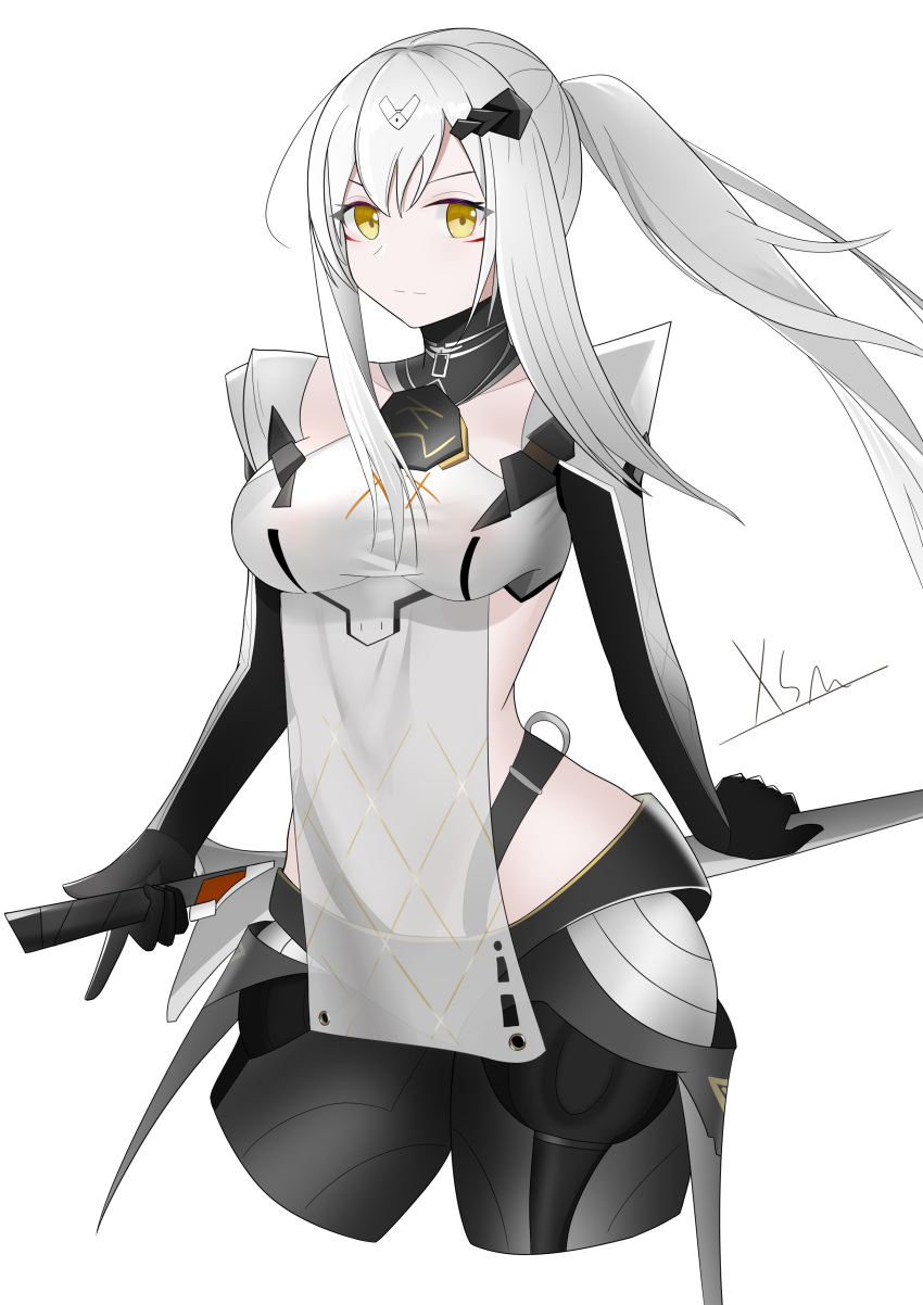 1456169777 1girl absurdres alternate_costume artist_name bangs breasts character_request closed_mouth eyebrows_visible_through_hair girls_frontline highres holding holding_weapon long_hair looking_at_viewer medium_breasts nyto_(girls'_frontline) paradeus ponytail silver_hair solo sword teal_(girls'_frontline) weapon white_background white_hair yellow_eyes