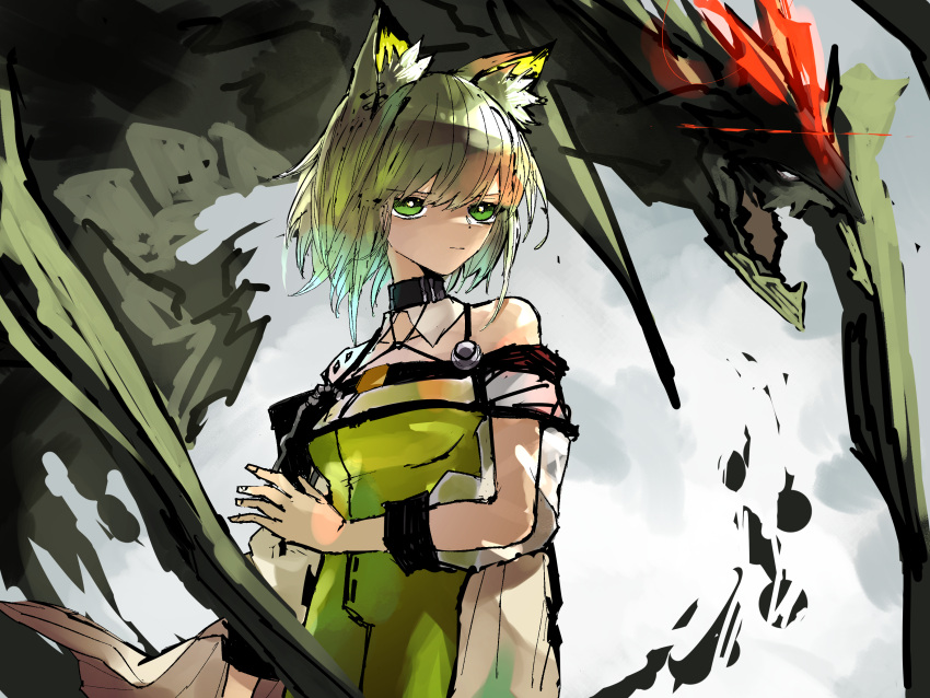 1girl absurdres animal_ear_fluff animal_ears arknights arm_at_side bare_shoulders black_collar cat_ears closed_mouth coat collar dress eyebrows_visible_through_hair glaring glowing green_dress green_eyes green_hair grey_background highres kal'tsit_(arknights) kensei_(v2) looking_to_the_side medium_hair mon3tr_(arknights) off_shoulder oripathy_lesion_(arknights) simple_background sleeves_rolled_up solo stethoscope upper_body white_coat