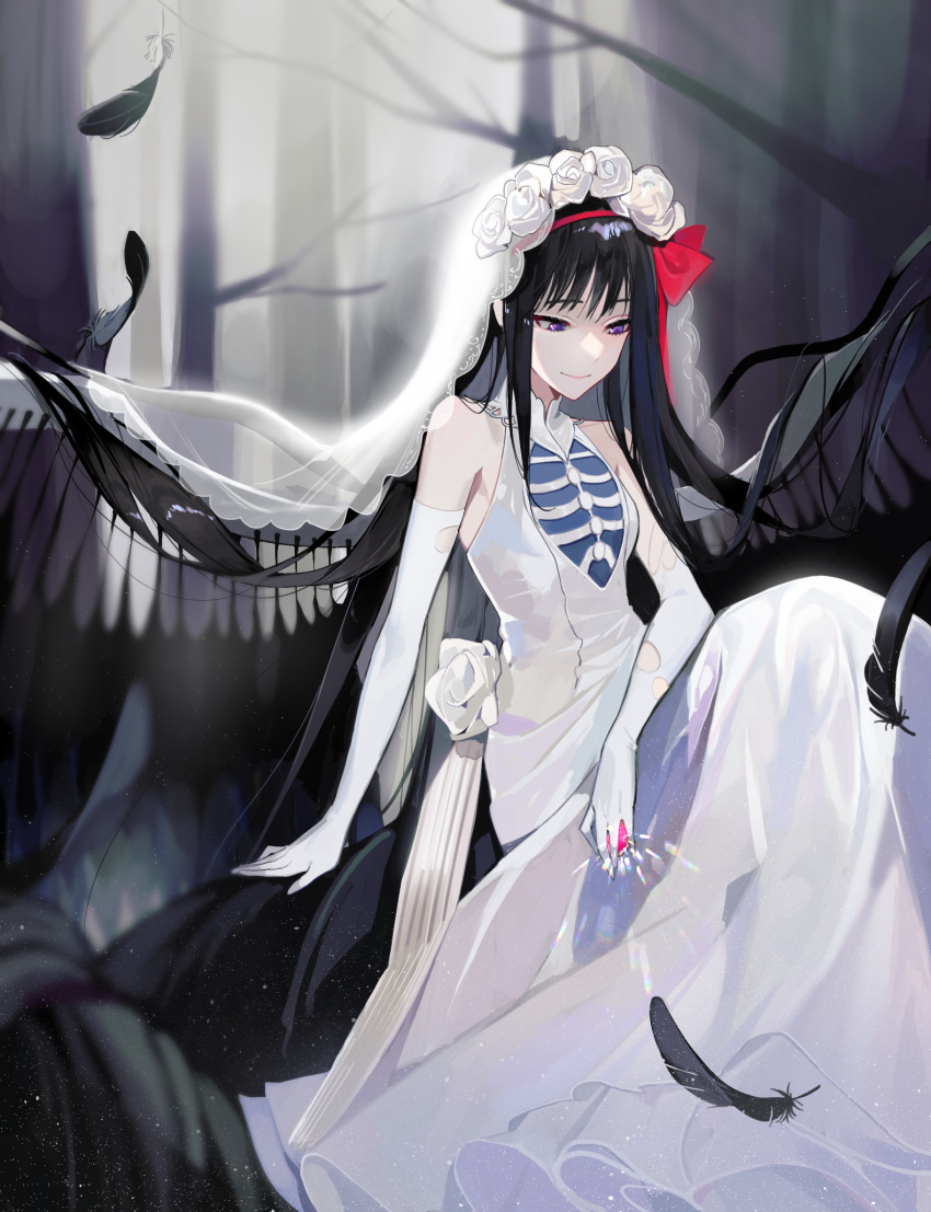 1girl akemi_homura akuma_homura alternate_costume arm_at_side arm_support backlighting bare_shoulders bare_tree black_feathers black_hair black_theme blurry blurry_background bone_print branch breasts bridal_veil cleavage_cutout closed_mouth clothing_cutout cutout_gloves dress elbow_gloves elbow_on_knee facing_viewer feathered_wings feathers flower gloves hair_flower hair_ornament hair_ribbon half-closed_eyes high_collar highres hite_(fuii0077) holding lace lace_veil lens_flare light_particles light_rays long_dress long_hair looking_down mahou_shoujo_madoka_magica mahou_shoujo_madoka_magica_movie red_ribbon ribbon ribs rose shiny shiny_hair sleeveless sleeveless_dress small_breasts smile solo soul_gem straight_hair tree tsurime veil very_long_hair violet_eyes white_dress white_flower white_gloves white_rose white_veil wings