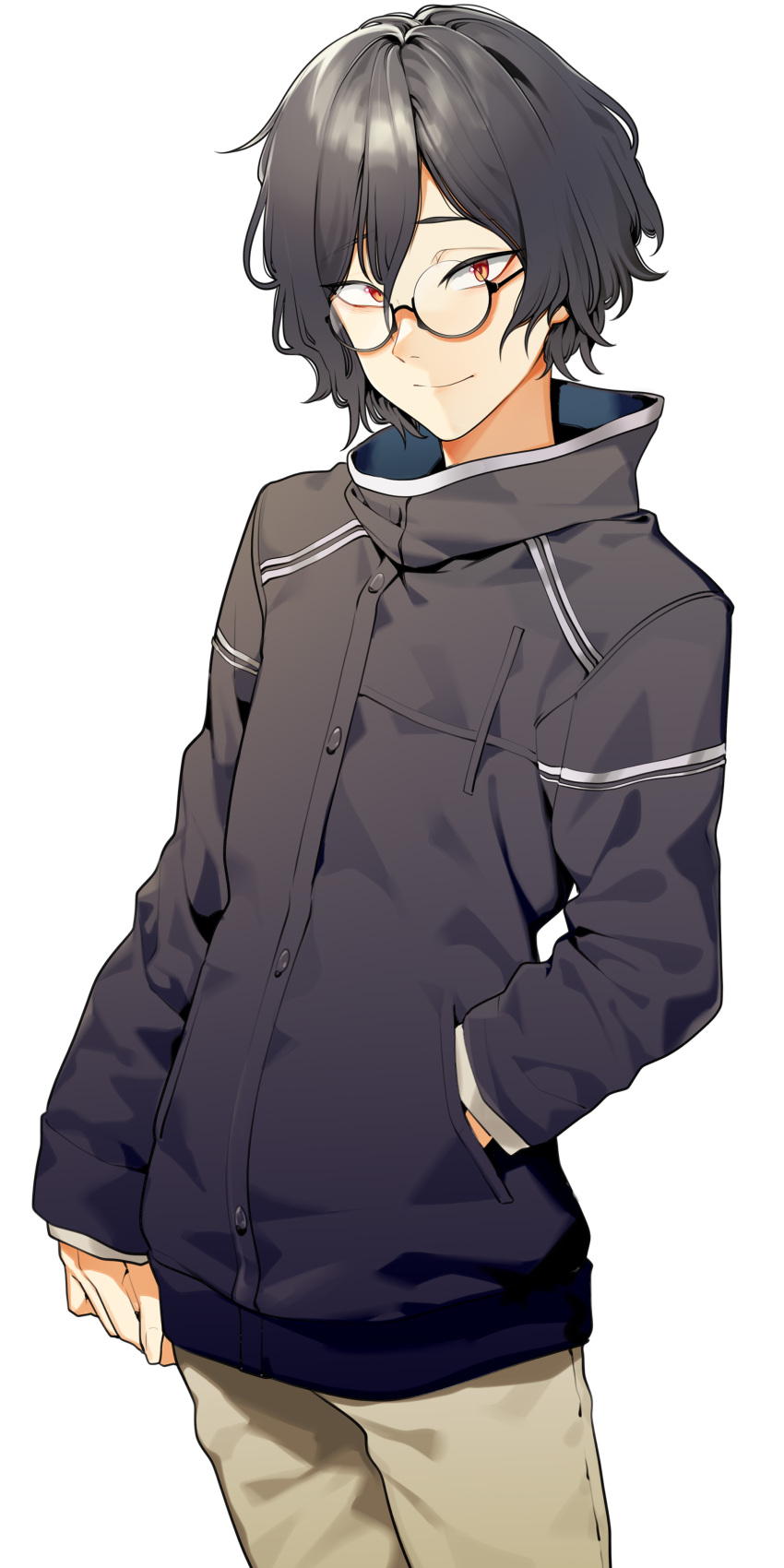 1boy absurdres black_hair commission glasses hand_in_pocket highres looking_at_viewer original pants red_eyes semi-rimless_eyewear shadow short_hair simple_background skeb_commission smile solo st_(youx1119) under-rim_eyewear white_background