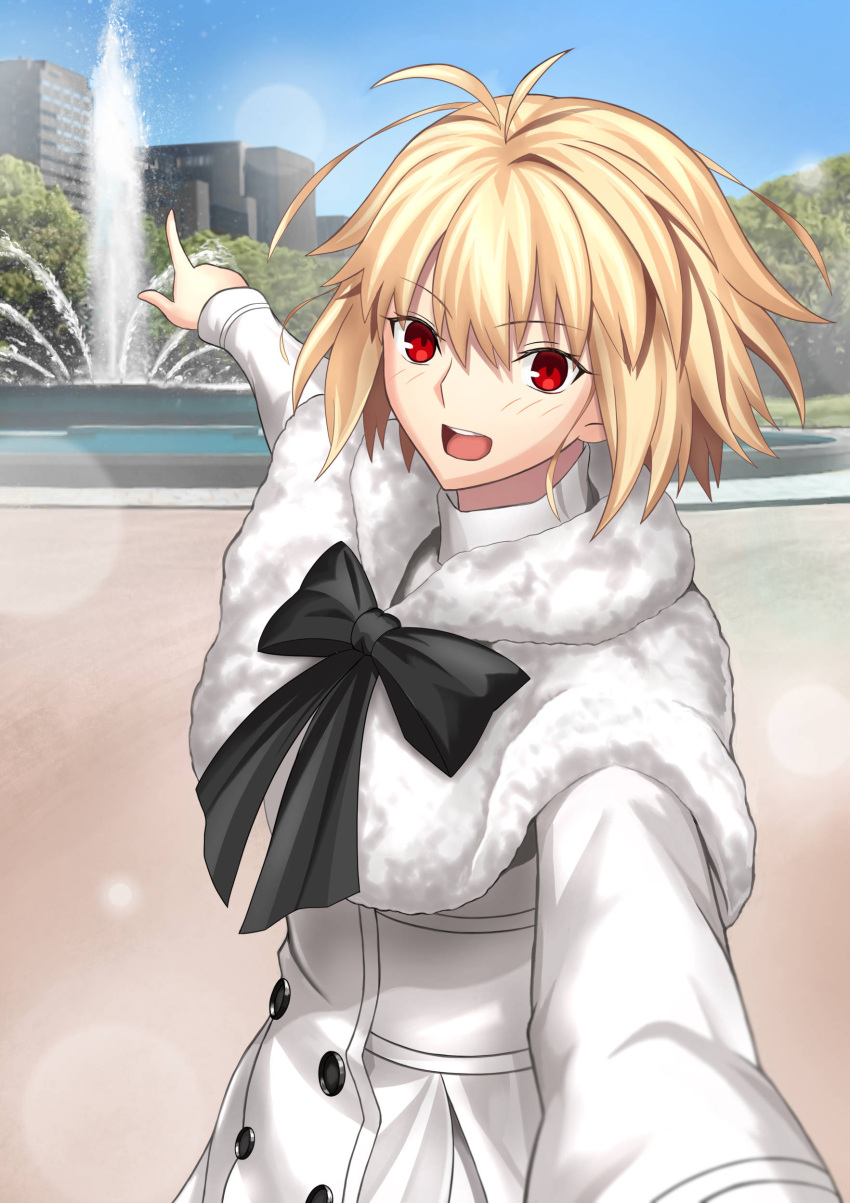 1girl absurdres alternate_costume antenna_hair arcueid_brunestud bangs black_bow black_neckwear blonde_hair blue_sky blush bow bowtie building buttons capelet commentary_request day dress eyebrows_visible_through_hair fountain fur-trimmed_capelet fur_trim hair_between_eyes harukey highres index_finger_raised long_sleeves looking_at_viewer official_alternate_costume open_mouth outdoors pointing pov reaching red_eyes short_hair sidelocks sky smile tree tsukihime tsukihime_(remake) upper_teeth vampire water white_capelet white_dress