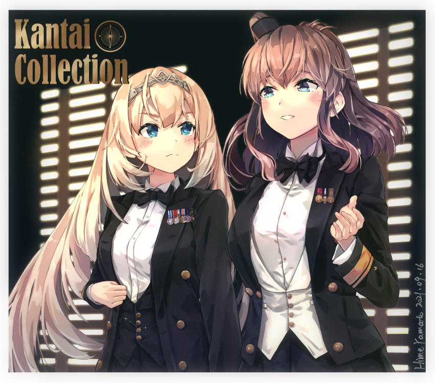 2girls alternate_costume artist_name black_bow black_neckwear black_skirt blonde_hair blue_eyes blush bow bowtie brown_hair buttons closed_mouth collared_shirt copyright_name dated hair_between_eyes hairband highres himeyamato kantai_collection long_hair long_sleeves medal multiple_girls open_mouth pleated_skirt saratoga_(kancolle) shirt side_ponytail skirt the_godfather tiara upper_body victorious_(kancolle) white_shirt