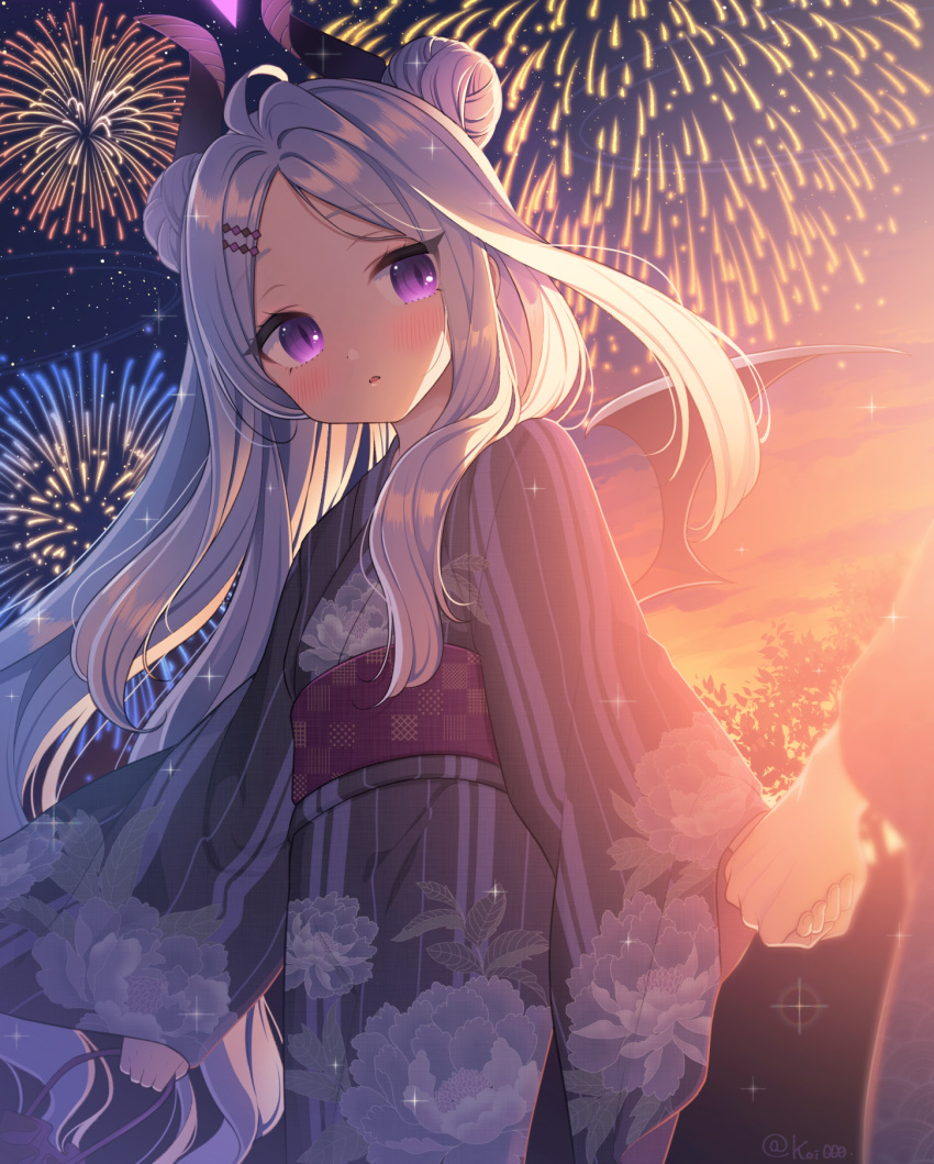 1girl 1other aerial_fireworks ahoge bangs blue_archive blush commentary_request demon_horns double_bun eyebrows_visible_through_hair fireworks floral_print hair_bun hair_ornament hairclip highres hina_(blue_archive) holding_hands horns japanese_clothes kimono long_hair long_sleeves multiple_horns night night_sky nishiki_koi outdoors parted_bangs parted_lips sky sleeves_past_wrists slit_pupils solo_focus star_(sky) starry_sky twitter_username very_long_hair violet_eyes white_hair wide_sleeves