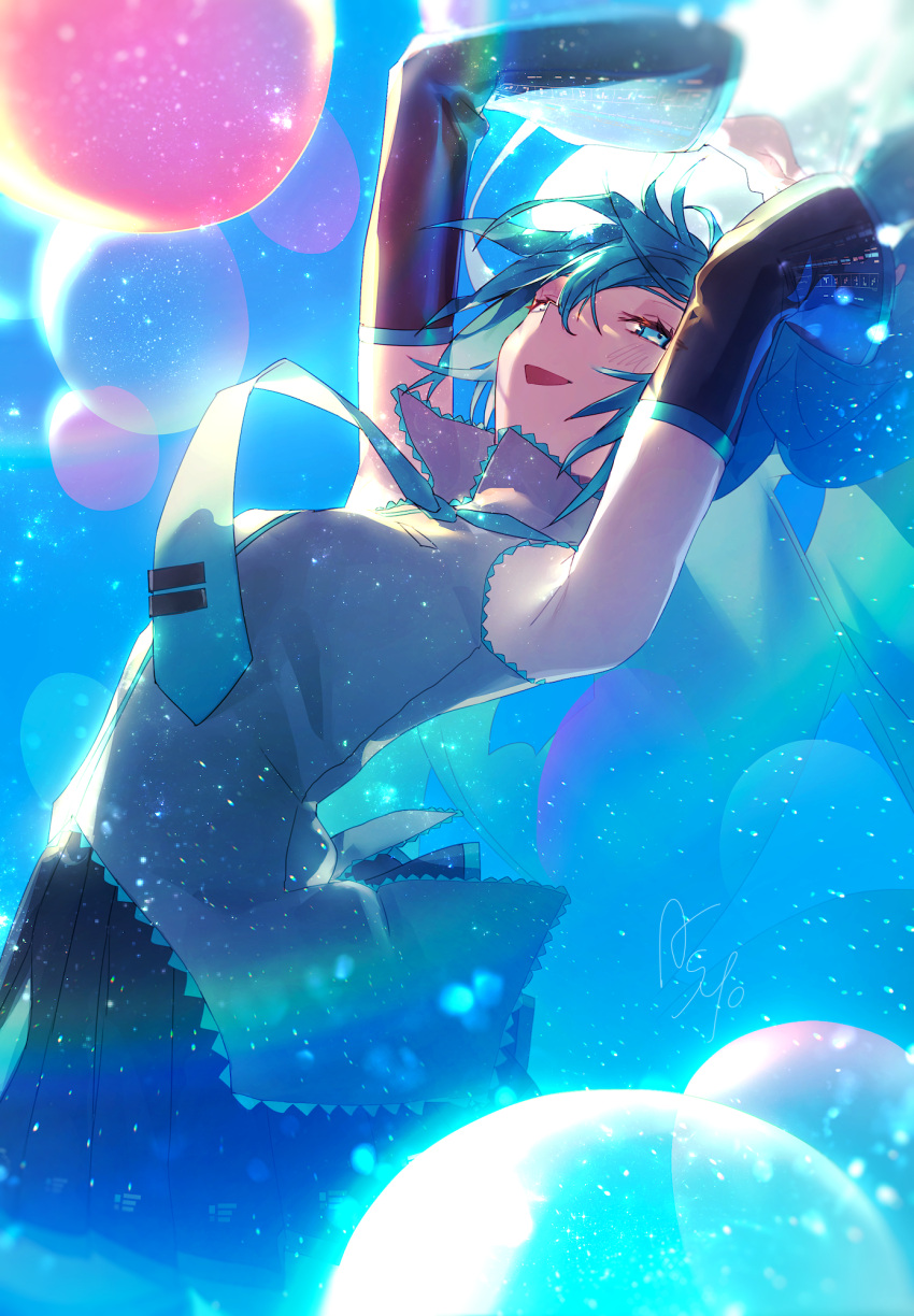 1girl agyou_sonokou_l aqua_eyes aqua_hair aqua_neckwear arched_back armpits arms_up balloon bare_shoulders black_legwear black_skirt black_sleeves blue_background blurry bokeh commentary cowboy_shot day depth_of_field detached_sleeves grey_shirt half-closed_eyes hatsune_miku highres jumping lens_flare light_particles long_hair miniskirt necktie open_mouth outdoors pleated_skirt shirt sideways_glance signature skirt sleeveless sleeveless_shirt smile solo thigh-highs twintails very_long_hair vocaloid