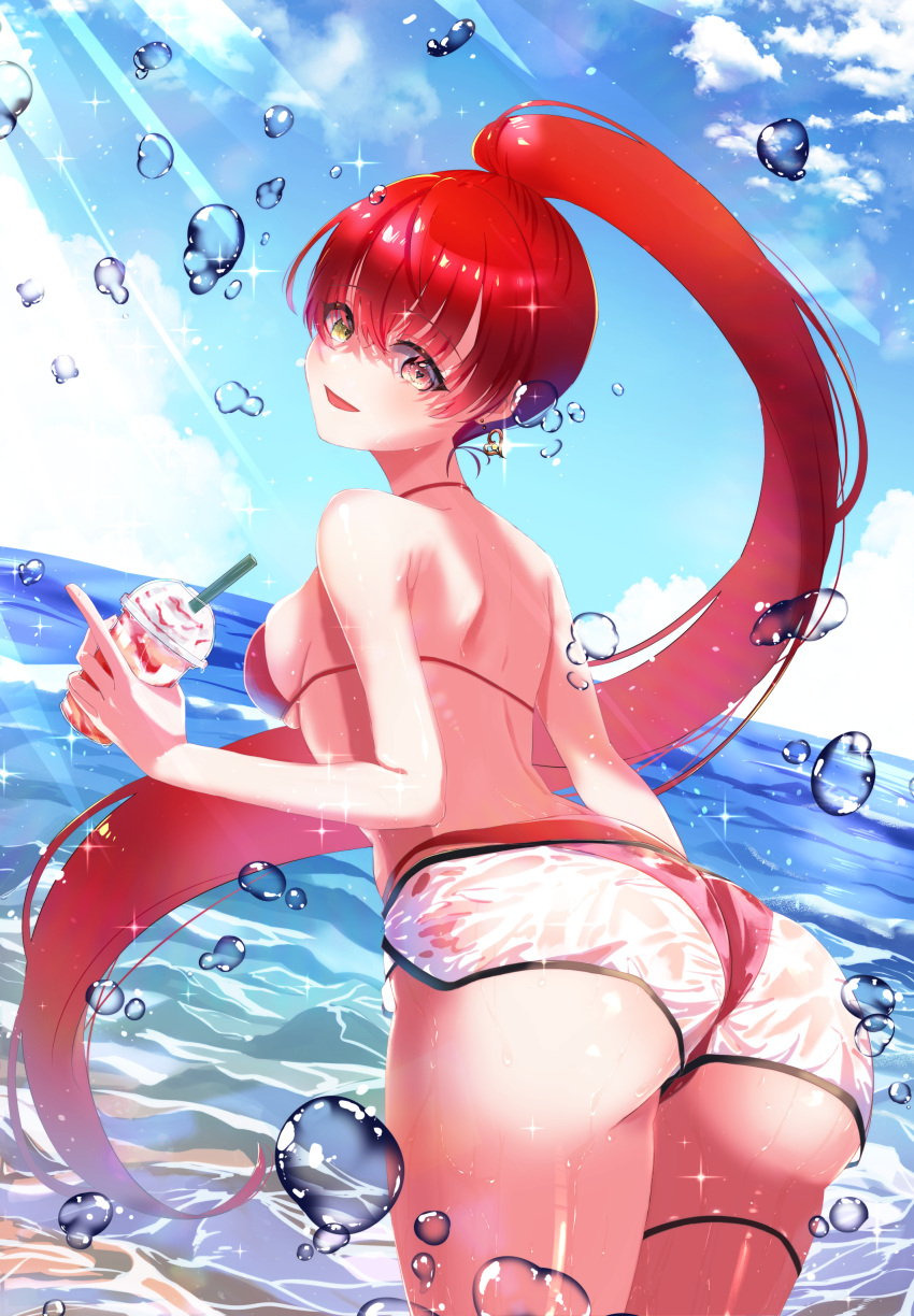 1girl absurdres ass ass_focus back bare_arms bare_shoulders beach bikini bikini_under_clothes cowboy_shot cup disposable_cup dolphin_shorts earrings halter_top halterneck heart heart_earrings heterochromia high_ponytail highres holding holding_cup hololive houshou_marine jewelry long_hair looking_at_viewer ocean red_bikini red_eyes redhead see-through shirai_(vapura4) short_shorts shorts solo string_bikini summer swimsuit thick_thighs thigh_strap thighs virtual_youtuber wet wet_clothes wet_shorts white_shorts yellow_eyes