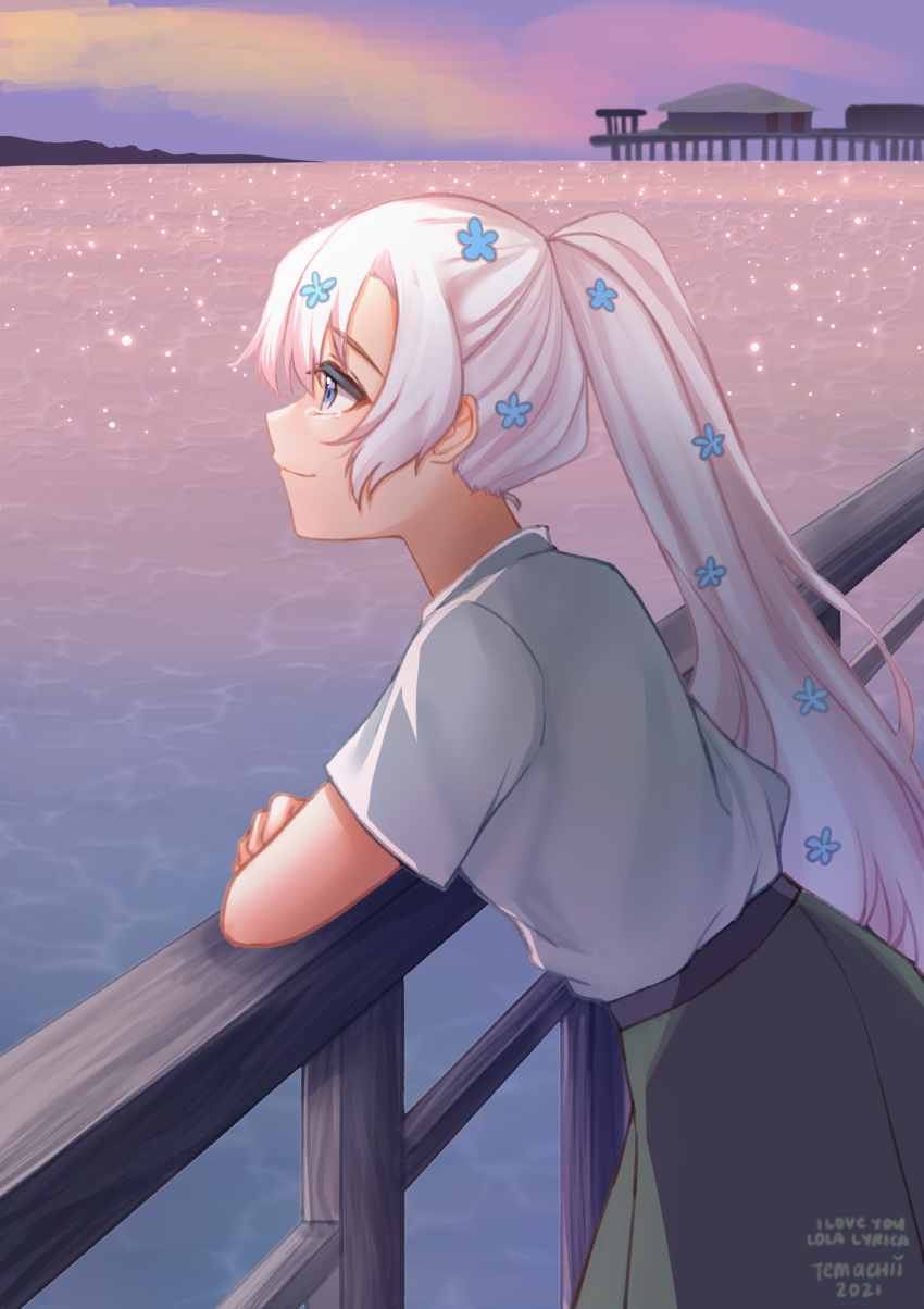 1girl blue_eyes blue_flower character_name closed_mouth flower from_side green_skirt grey_hair hair_flower hair_ornament happy_tears highres horizon indie_virtual_youtuber leaning_forward long_hair lyrica_(vtuber) ocean outdoors ponytail profile railing shirt short_sleeves sidelocks signature skirt smile solo tears temachii white_shirt