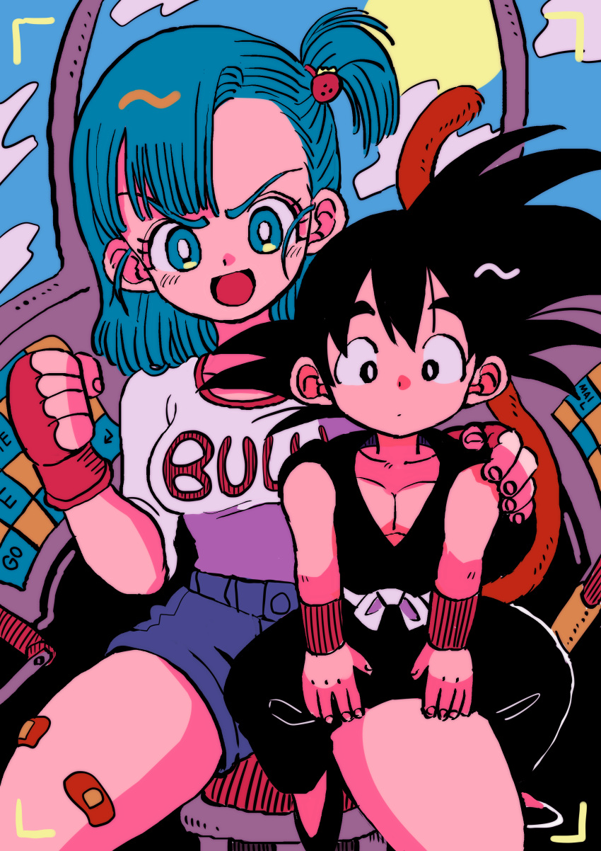 1boy 1girl absurdres aircraft bandaid bandaid_on_leg bangs black_eyes black_footwear black_hair blue_eyes blue_hair blue_sky breasts brown_gloves bulma character_name clenched_hand clothes_writing clouds cloudy_sky day denim denim_shorts dot_nose dougi dragon_ball dragon_ball_(classic) expressionless eyelashes fingerless_gloves fingernails food-themed_hair_ornament frown gloves hair_ornament hair_strand hair_tie hand_on_another's_shoulder highres kodama_(marugoto_omikan) large_breasts light_blush looking_at_viewer medium_breasts medium_hair monkey_tail on_chair one_side_up open_mouth parted_lips pectorals shirt shirt_tucked_in shoes short_shorts shorts sitting sitting_on_lap sitting_on_person sky son_goku spiky_hair strawberry_hair_ornament swept_bangs tail thick_thighs thighs v-shaped_eyebrows white_shirt wristband