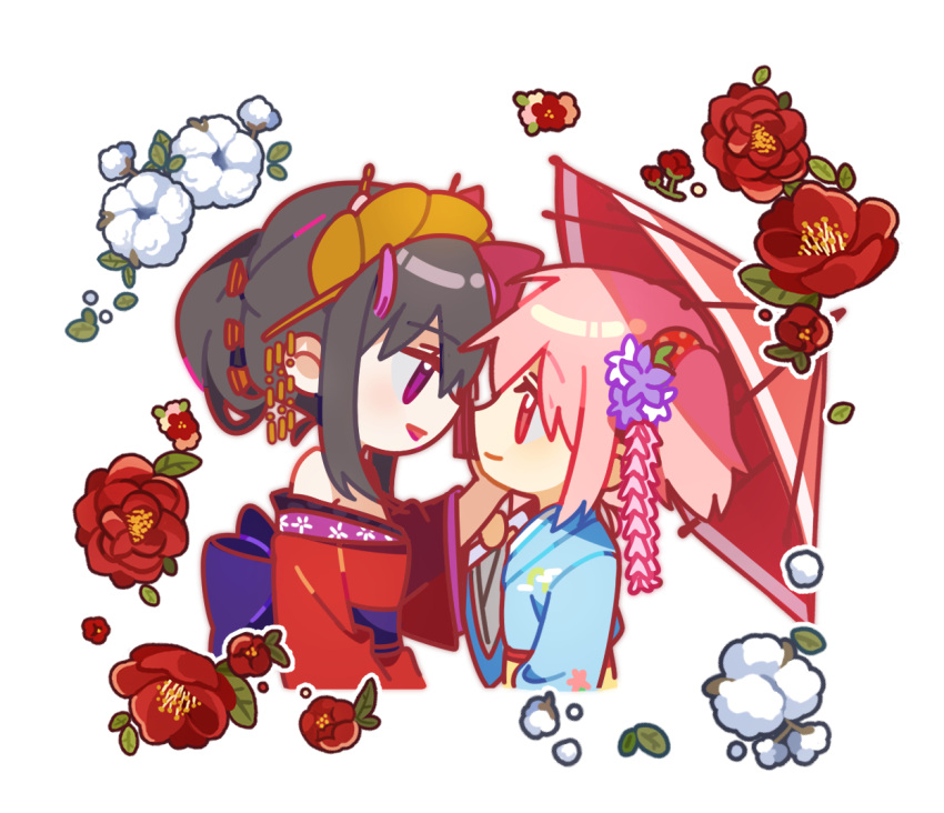2girls akemi_homura alternate_costume alternate_hairstyle back_bow bare_shoulders black_hair blue_kimono bow camellia chibi closed_mouth cotton_boll cropped_torso eye_contact eyebrows_visible_through_hair eyes_visible_through_hair face-to-face flower from_side hair_bun hair_flower hair_ornament hair_ribbon hair_up hairpin half-closed_eyes hand_on_another's_cheek hand_on_another's_face hand_up headpiece japanese_clothes jitome kaname_madoka kimono leaf light_smile looking_at_another mahou_shoujo_madoka_magica mamasna_(mattna_mmm) multiple_girls obi off-shoulder_kimono off_shoulder outline parted_lips pink_eyes pink_hair polka_dot profile purple_bow purple_flower purple_sash red_flower red_kimono red_outline red_ribbon ribbon sash sidelocks simple_background tassel tied_hair twintails upper_body violet_eyes white_background white_flower white_outline yellow_sash yuri
