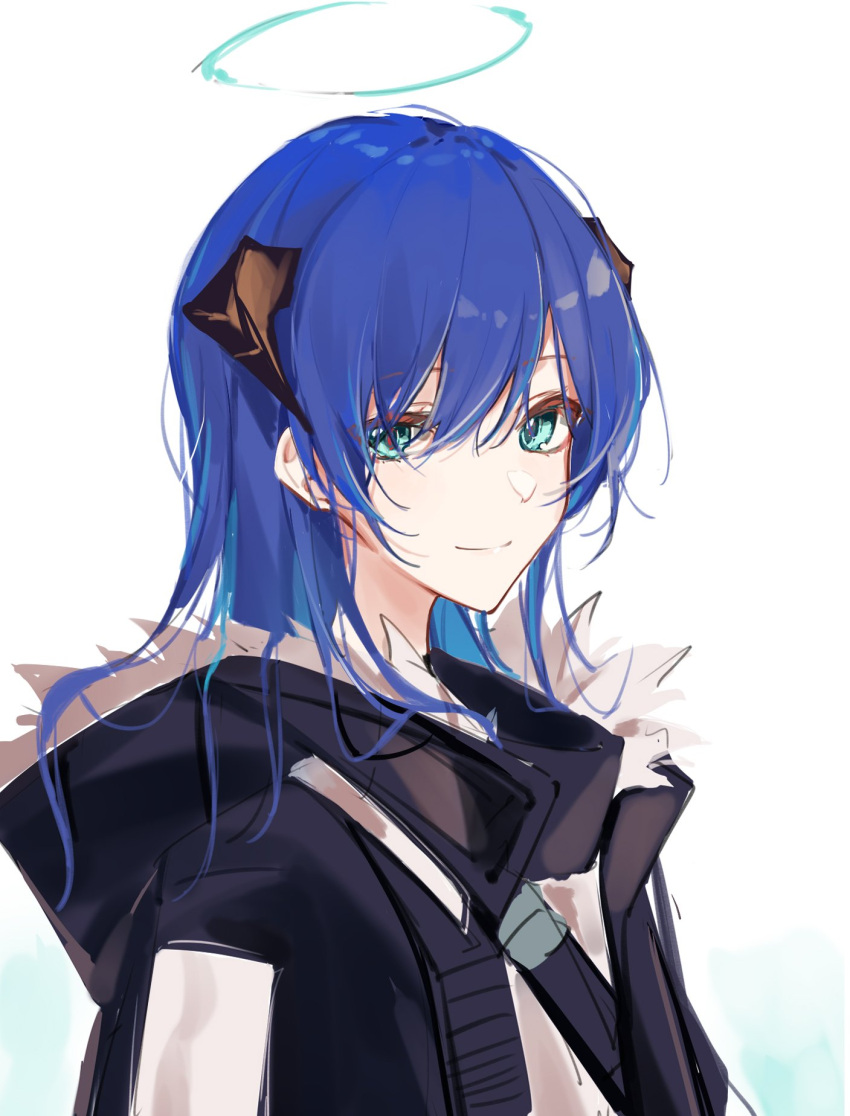 1girl aqua_eyes arknights black_jacket blue_hair closed_mouth commentary demon_horns eyes_visible_through_hair fallen_angel fur-trimmed_hood fur_trim fuune hair_between_eyes halo highres hood hood_down horns jacket long_hair long_sleeves mostima_(arknights) open_clothes open_jacket shirt smile solo upper_body white_background white_shirt